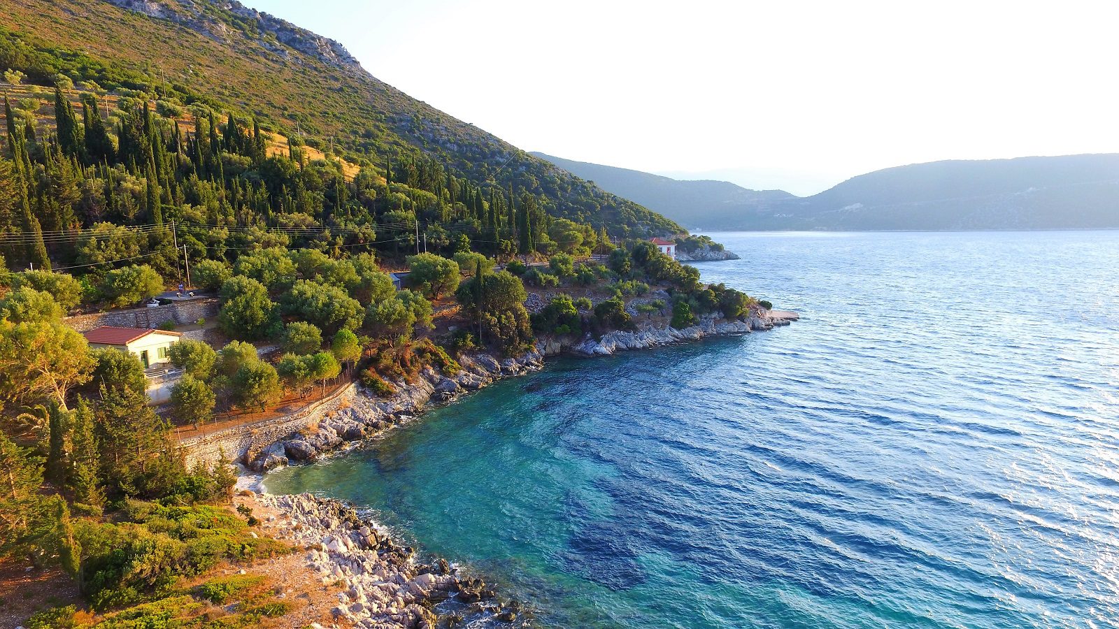 Aerial Landscape and sea view of coastal house for sale in Ithaca Greece Vathi