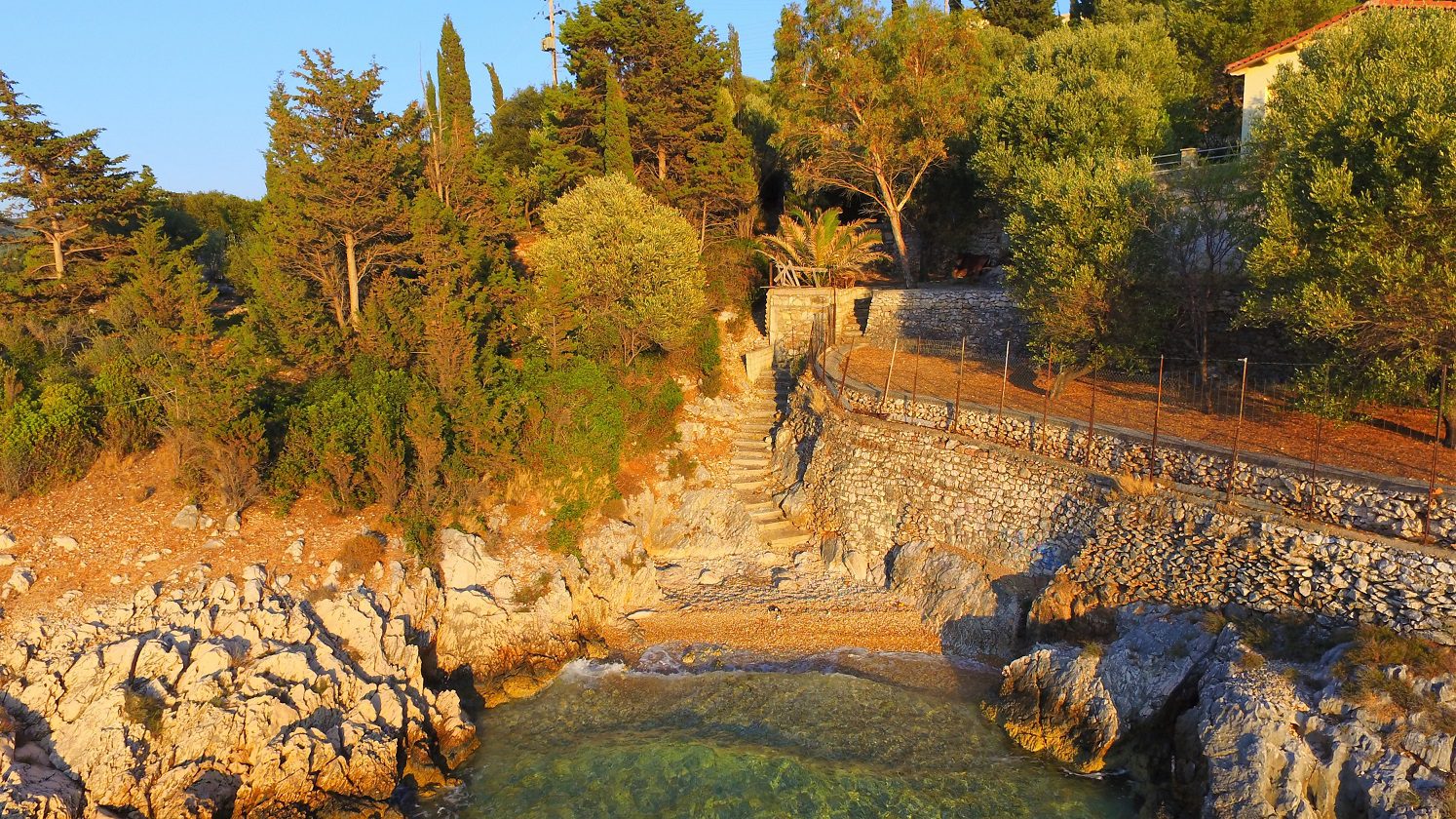 Aerial Landscape and sea view of coastal house for sale in Ithaca Greece Vathi
