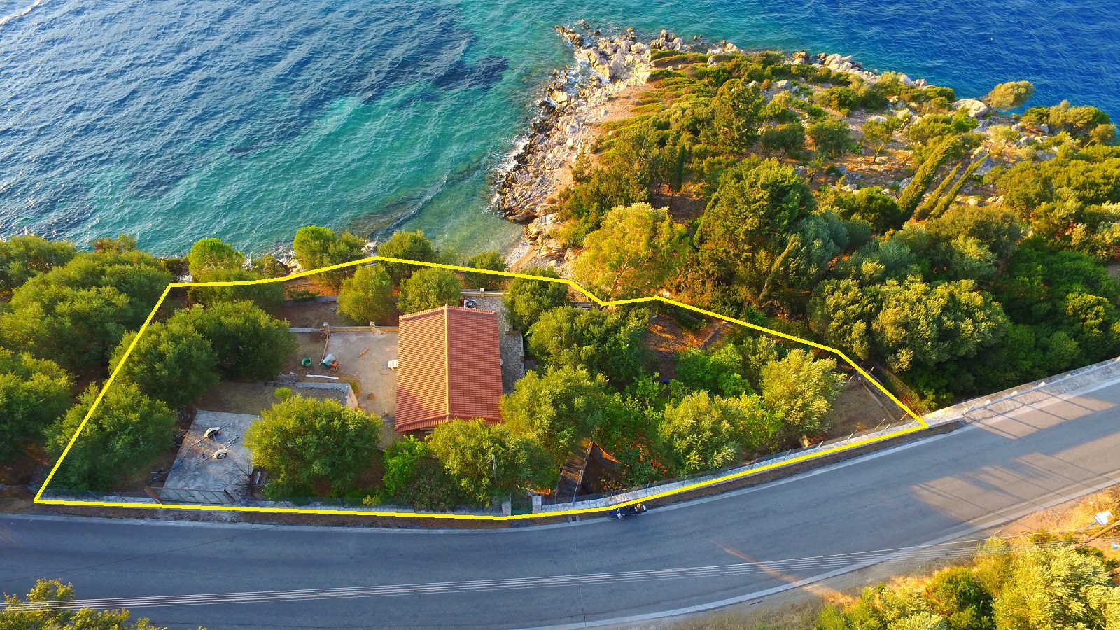 Aerial Landscape and sea view of coastal house for sale in Ithaca Greece Vathi
