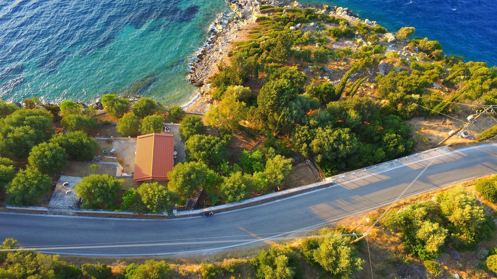 Aerial Landscape and sea view of coastal house for sale in Ithaca Greece Vathi