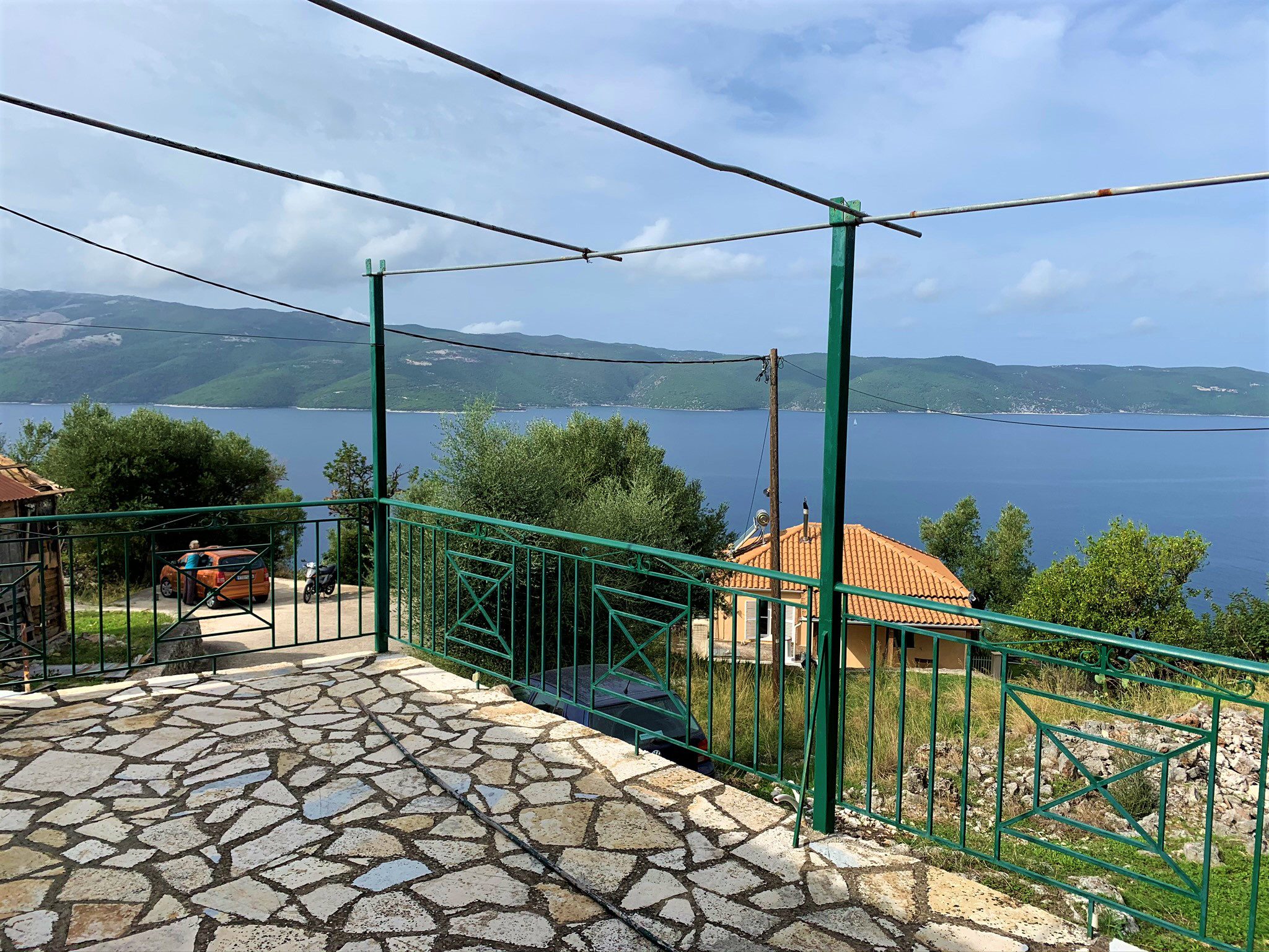 Stone terrace and sea view of house for sale in Ithaca Greece Lefki