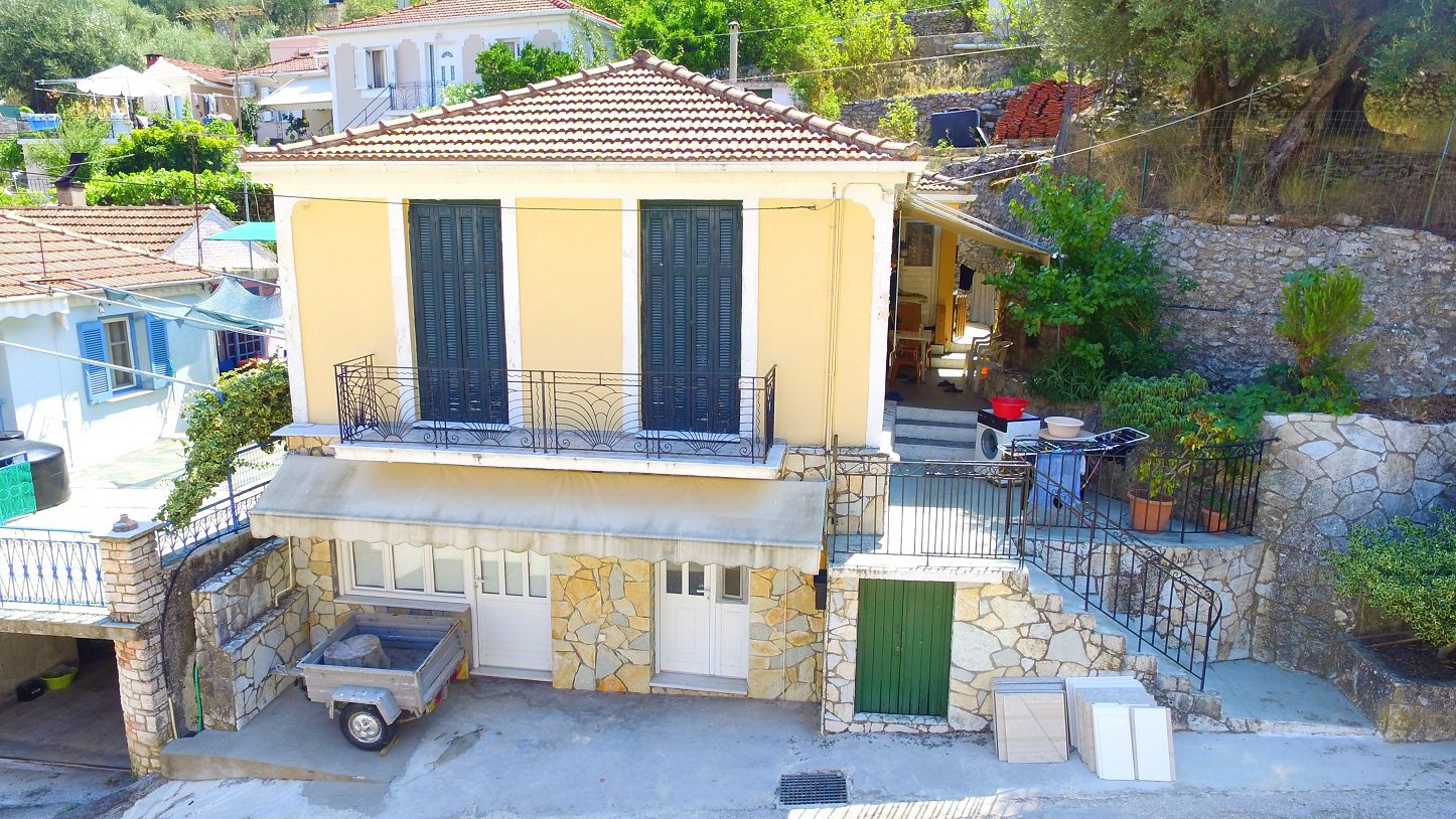 Aerial view of facade of house for sale on Ithaca Greece, Perachori