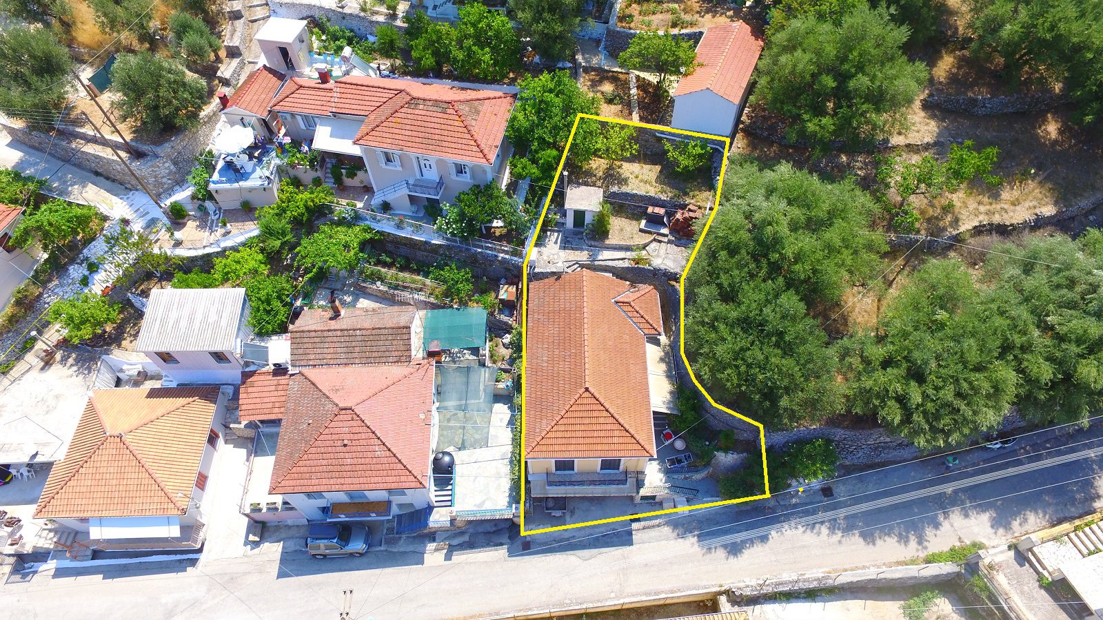 Aerial view and border of house for sale on Ithaca Greece, Perachori