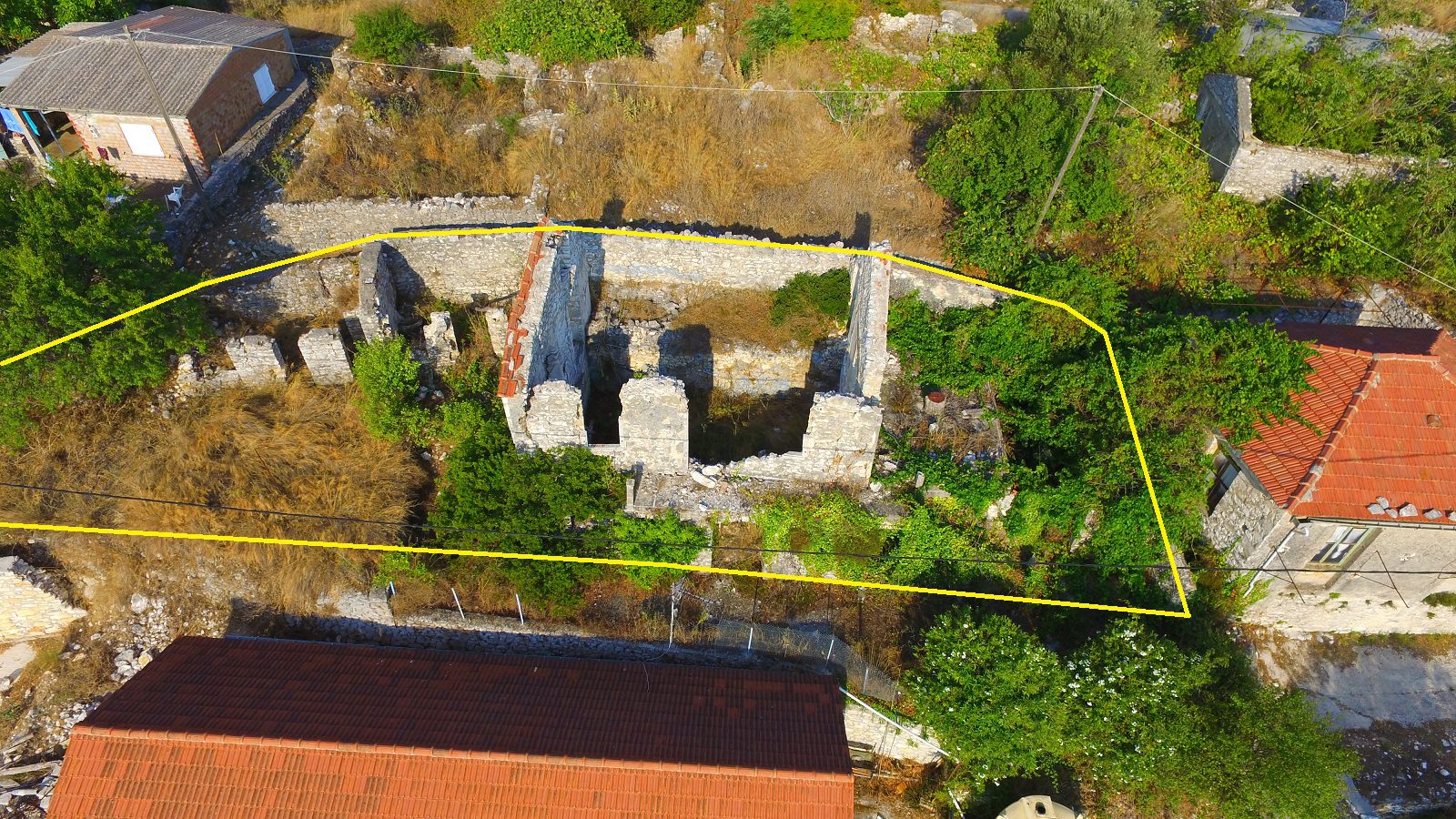 Aerial view and border of ruins for sale in Ithaca Greece Exoghi