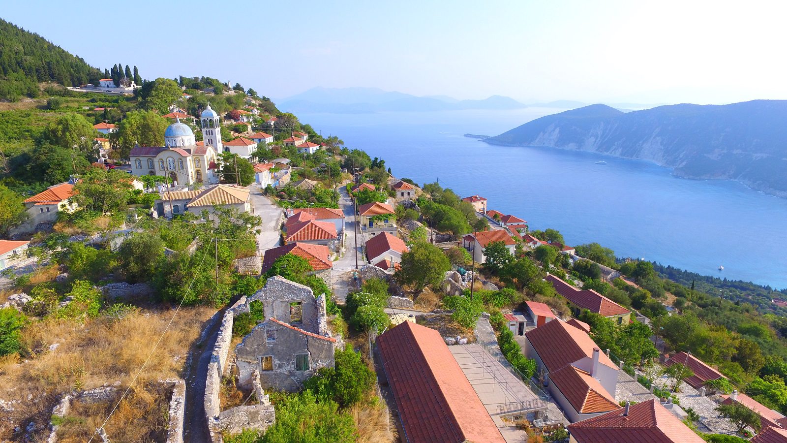 Aerial sea view from ruins for sale in Ithaca Greece Exoghi