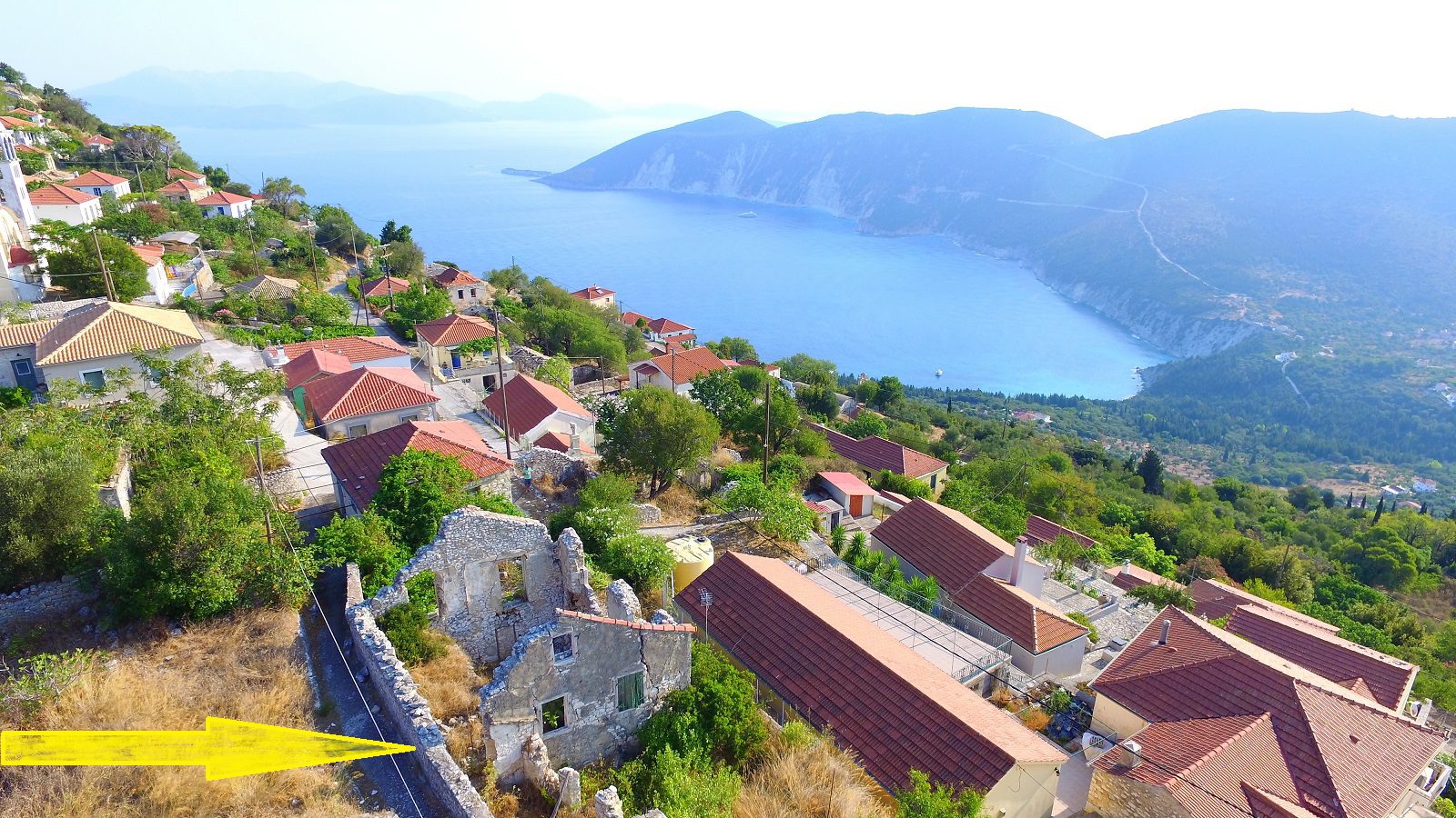 Aerial sea view from ruins for sale in Ithaca Greece Exoghi