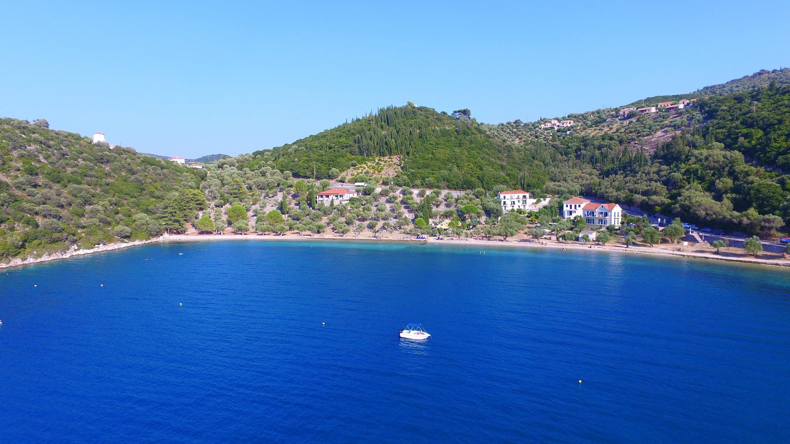 Aerial view from the sea of land for sale Ithaca Greece Dexa Vathi
