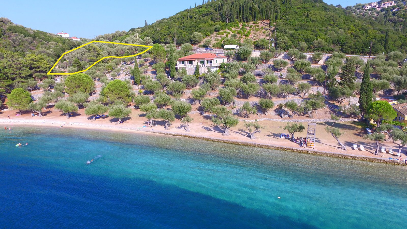 Aerial view from the sea of land for sale Ithaca Greece Dexa Vathi