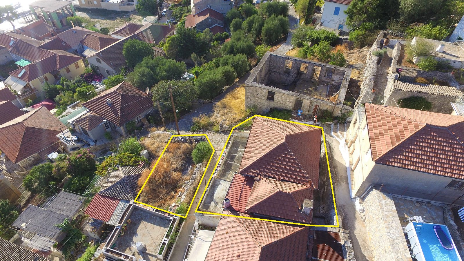 Aerial view and borders of house for sale on Ithaca Greece Vathi