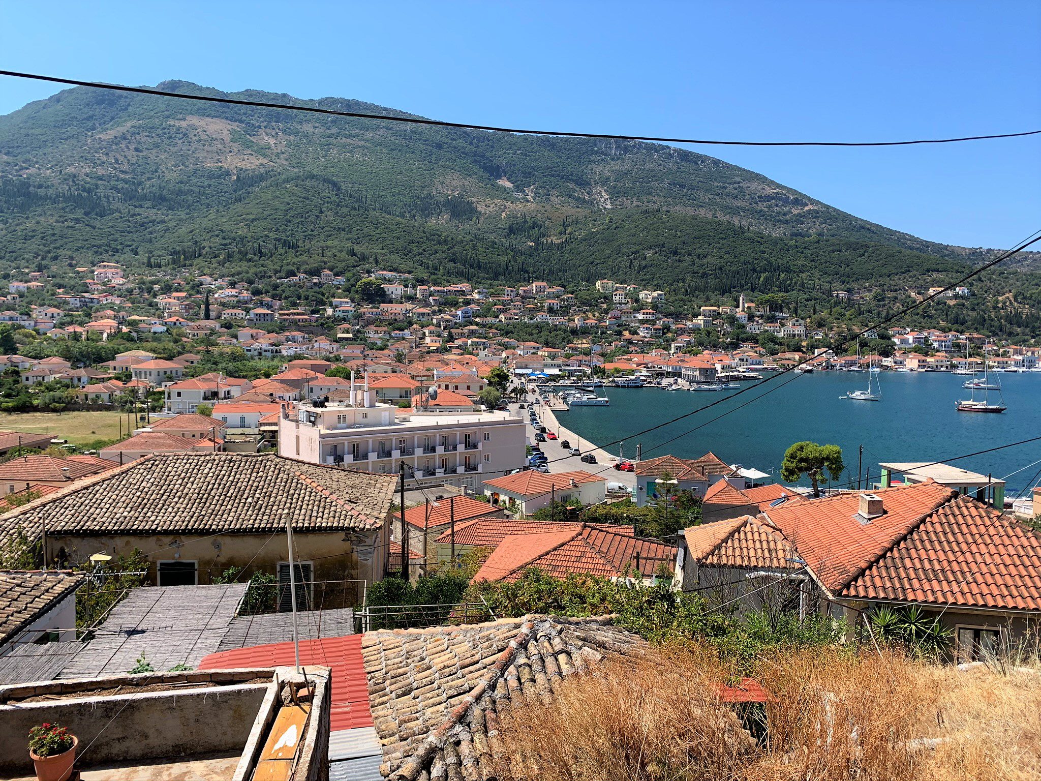 Harbour view and outside terrace of house for sale in Ithaca Greece, Vathi