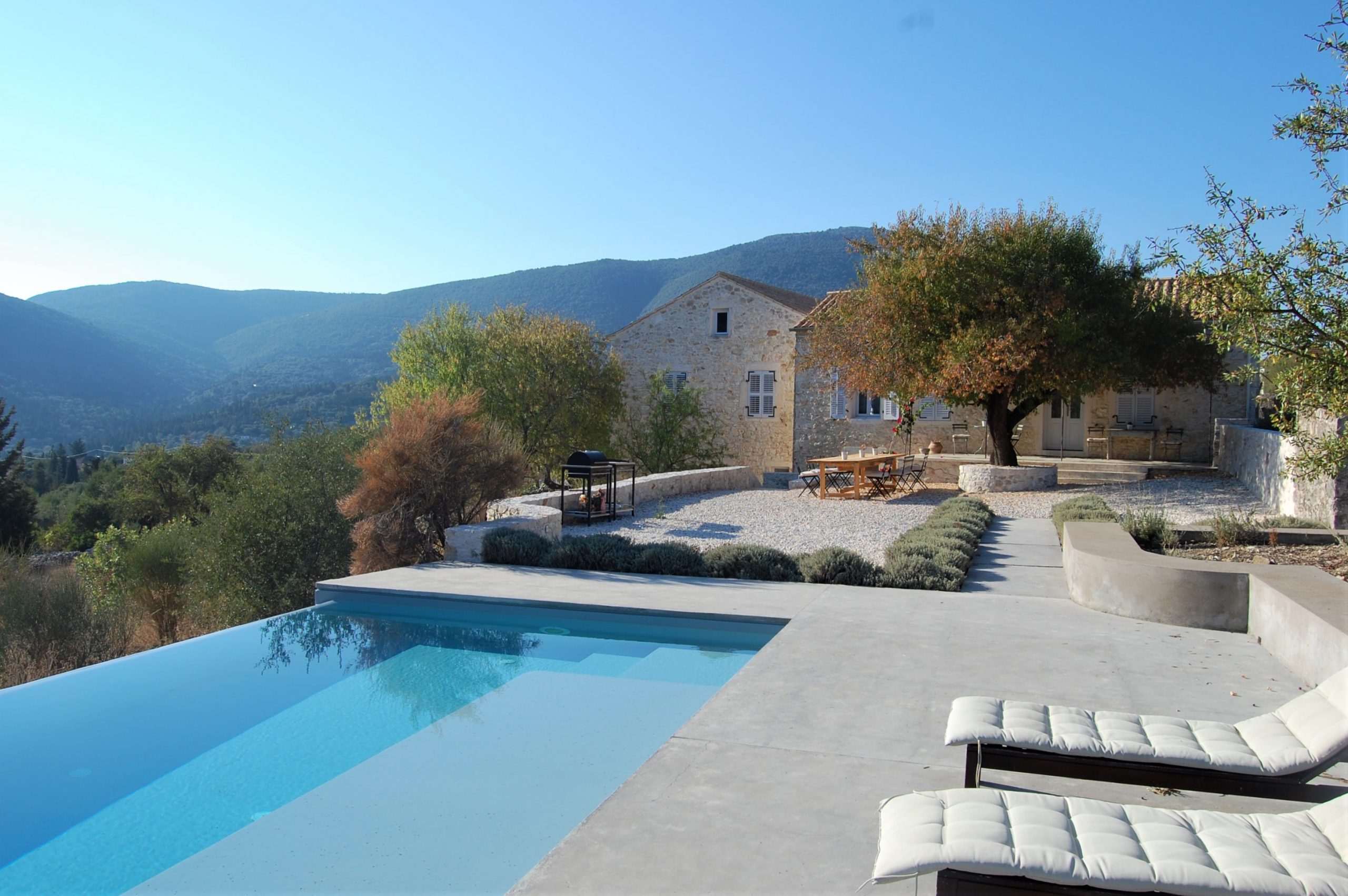 Salt water pool area and entertainment area at Villa Kalos for rent, Ithaca Greece Lahos