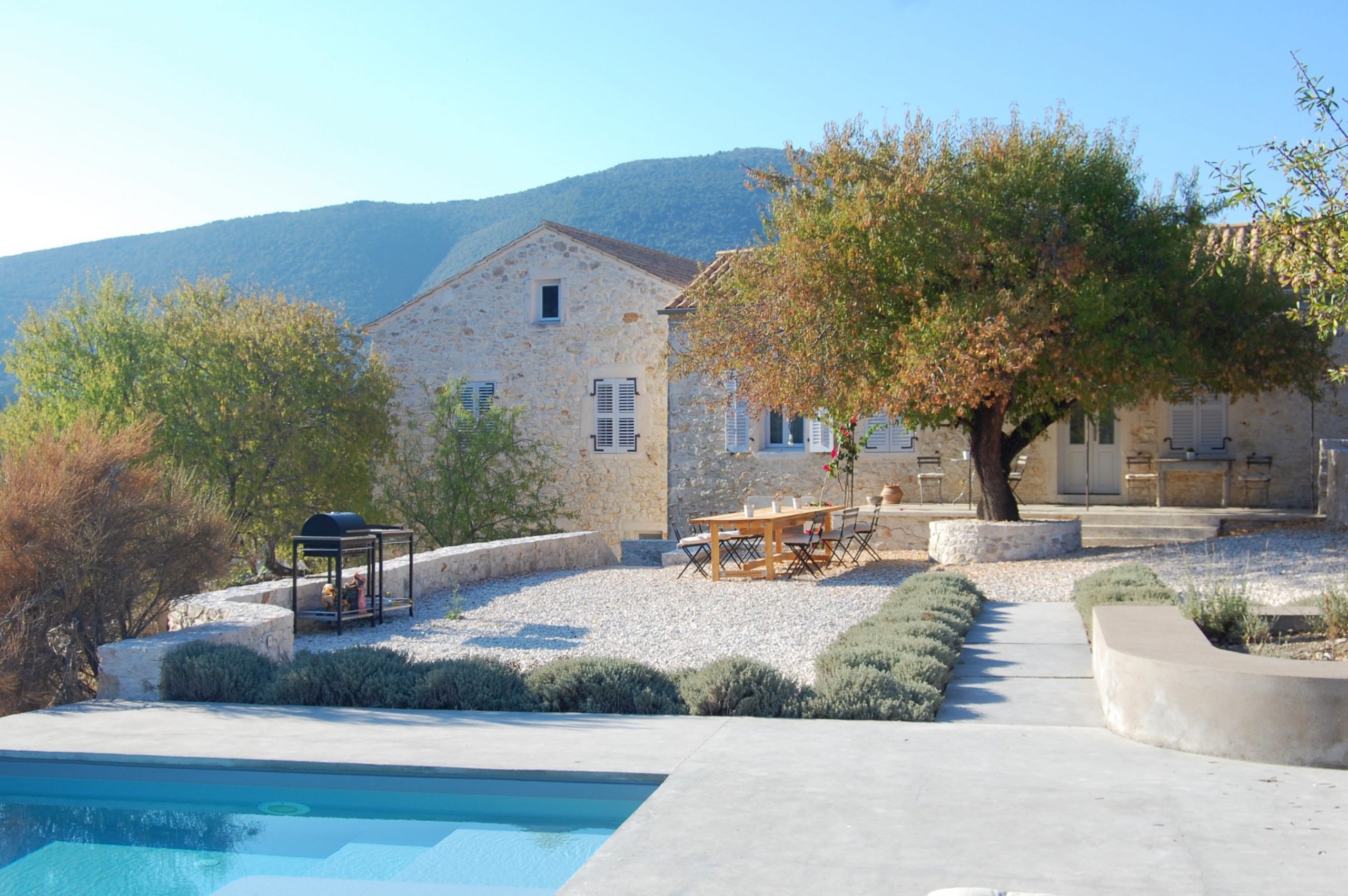 Salt water pool area and entertainment area at Villa Kalos for rent, Ithaca Greece Lahos