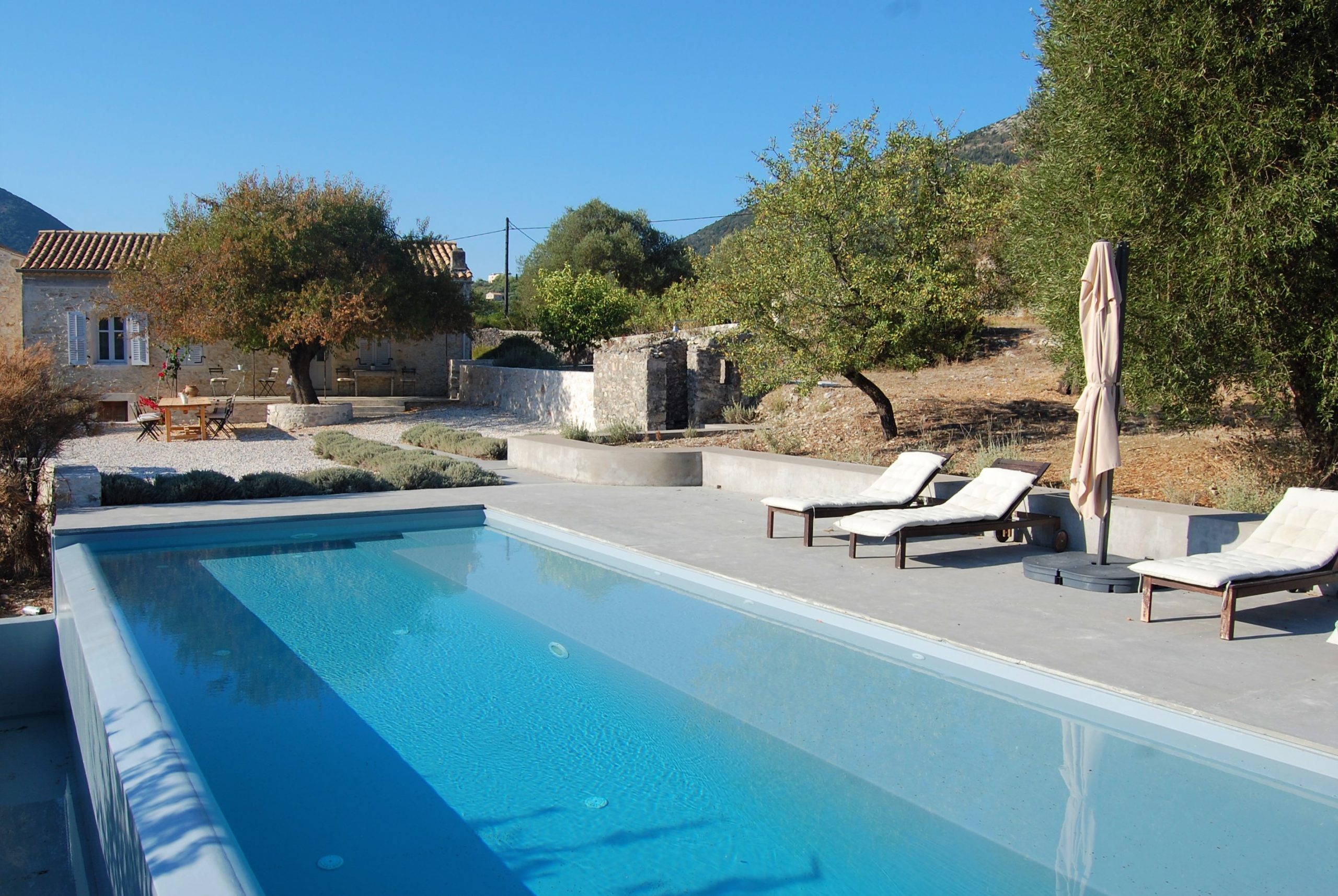 Salt water pool area at Villa Kalos for rent, Ithaca Greece Lahos