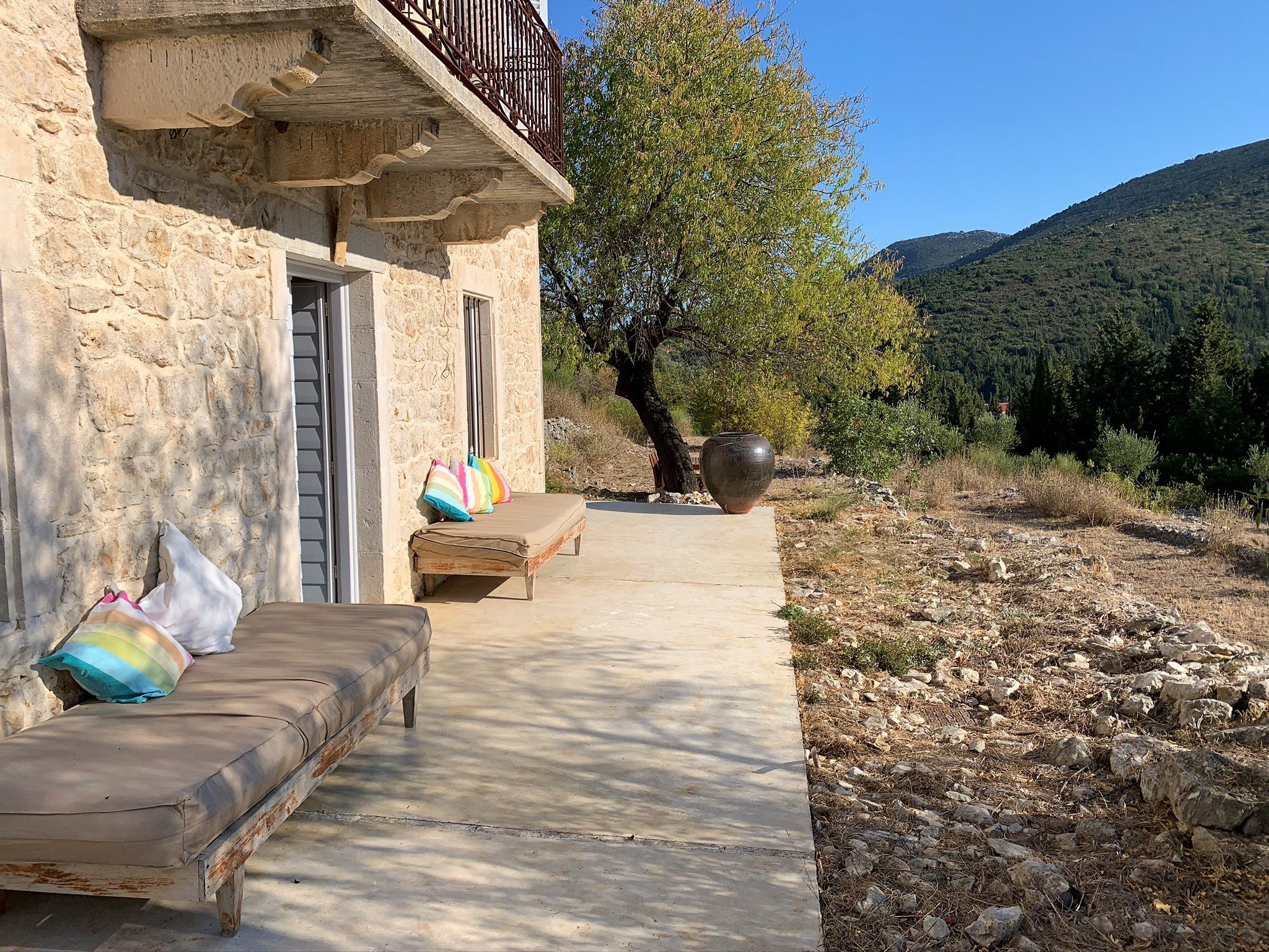 Outside patio of Villa Kalos and outside courtyard for rent, Ithaca Greece Lahos