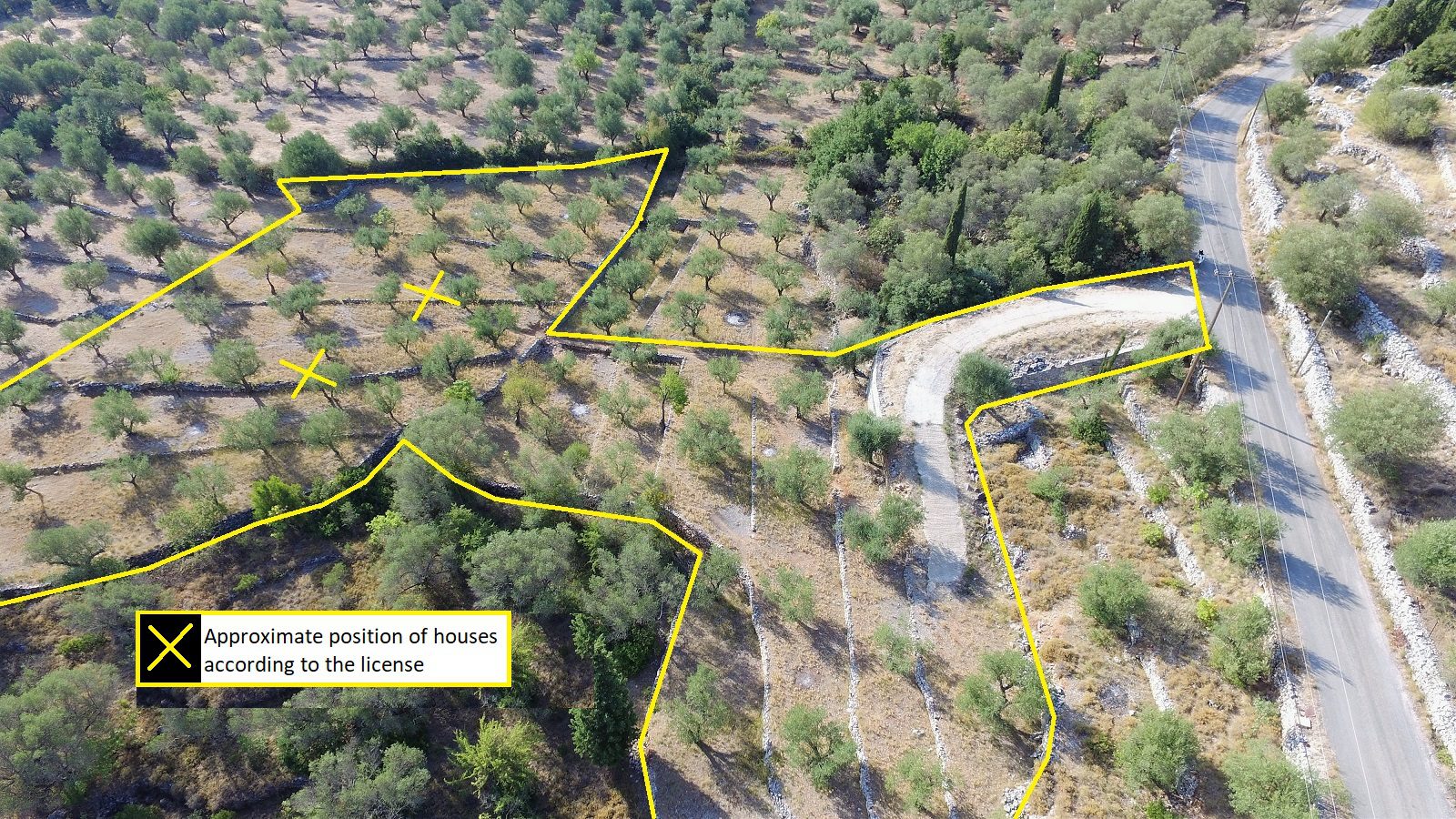 Aerial view with border of land for sale Ithaca Greece in Vathi