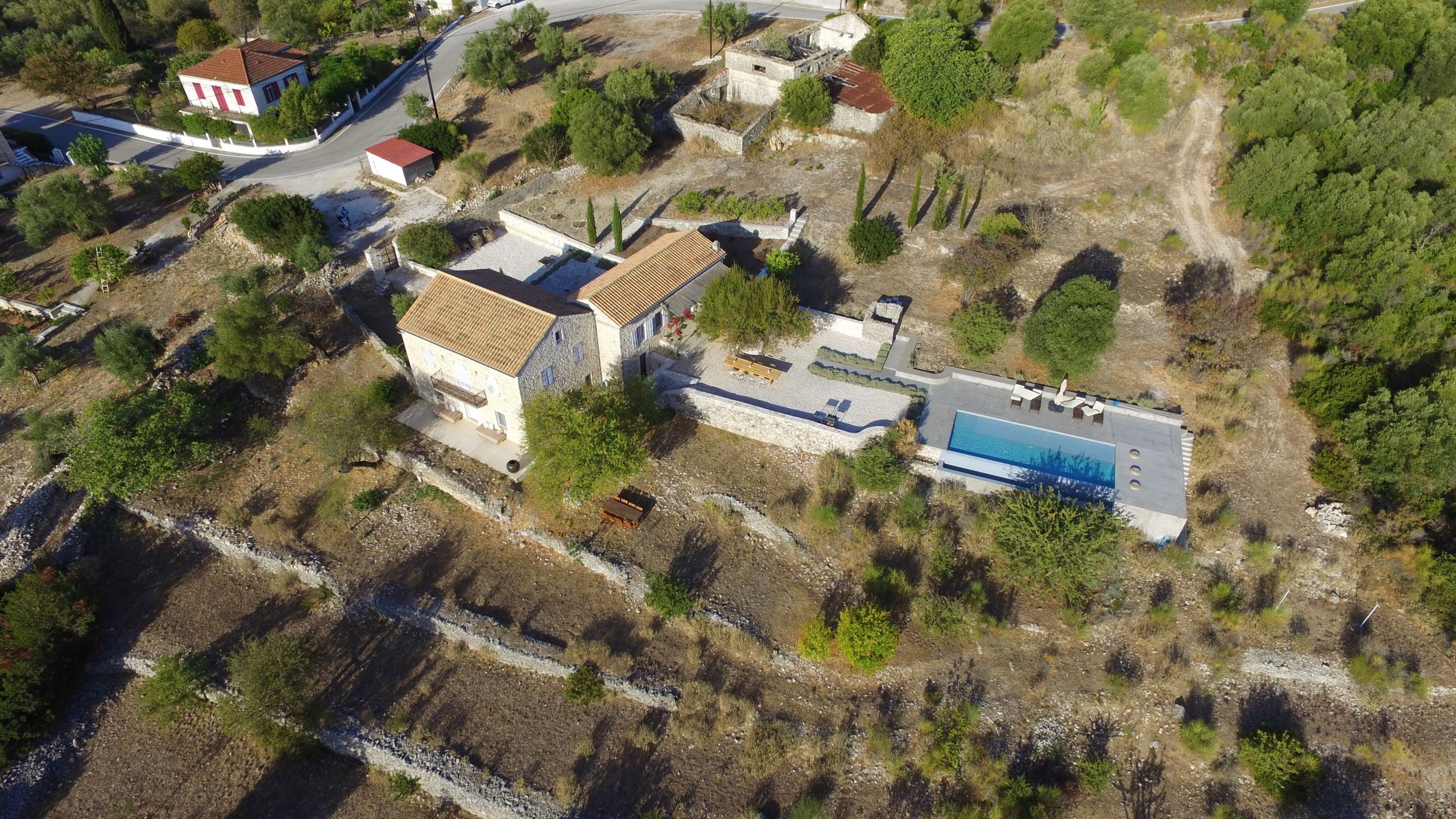 Aerial view of stone built Villa Kalos for rent, Ithaca Greece Lahos