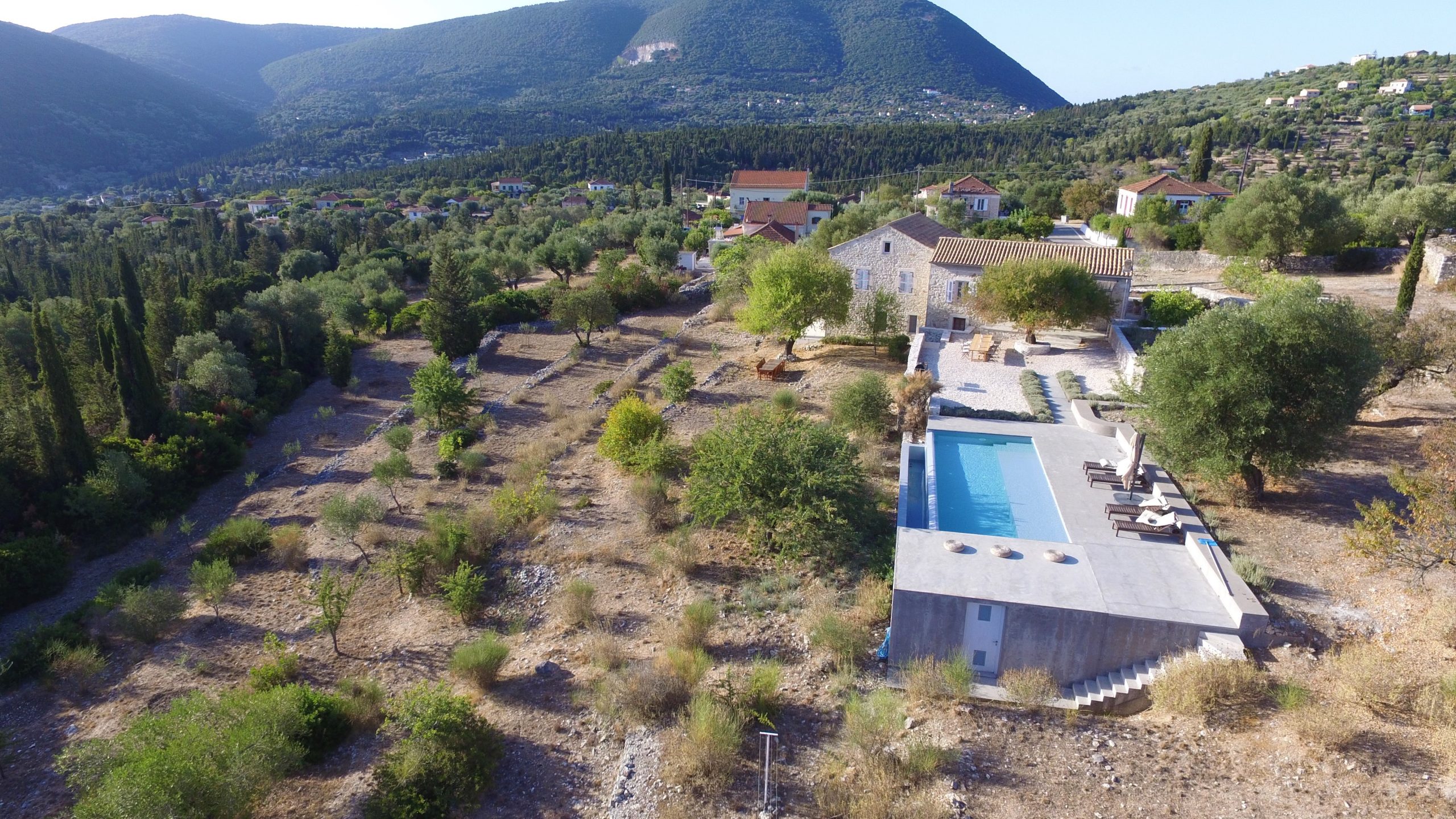 Aerial view of stone built Villa Kalos for rent, Ithaca Greece Lahos