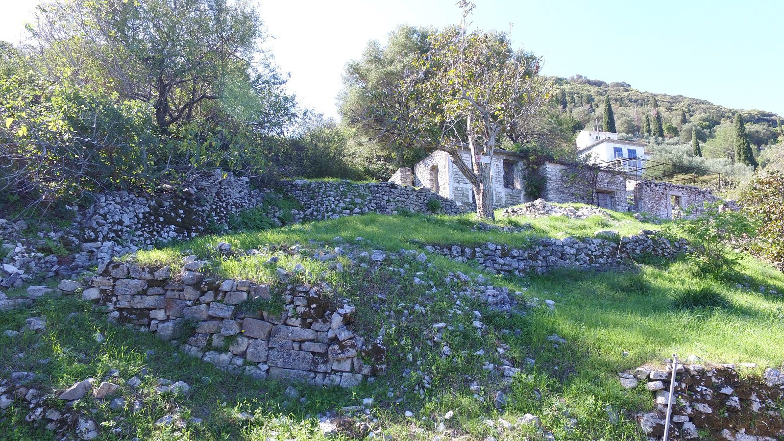 Aerial view of land with ruin for sale Ithaca Greece Perachori