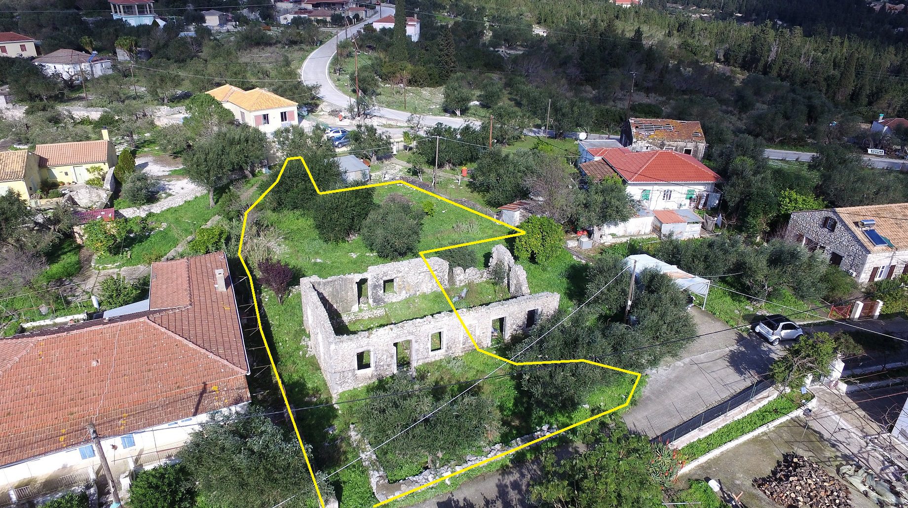Aerial view and border of land for sale Ithaca Greece, Lahos