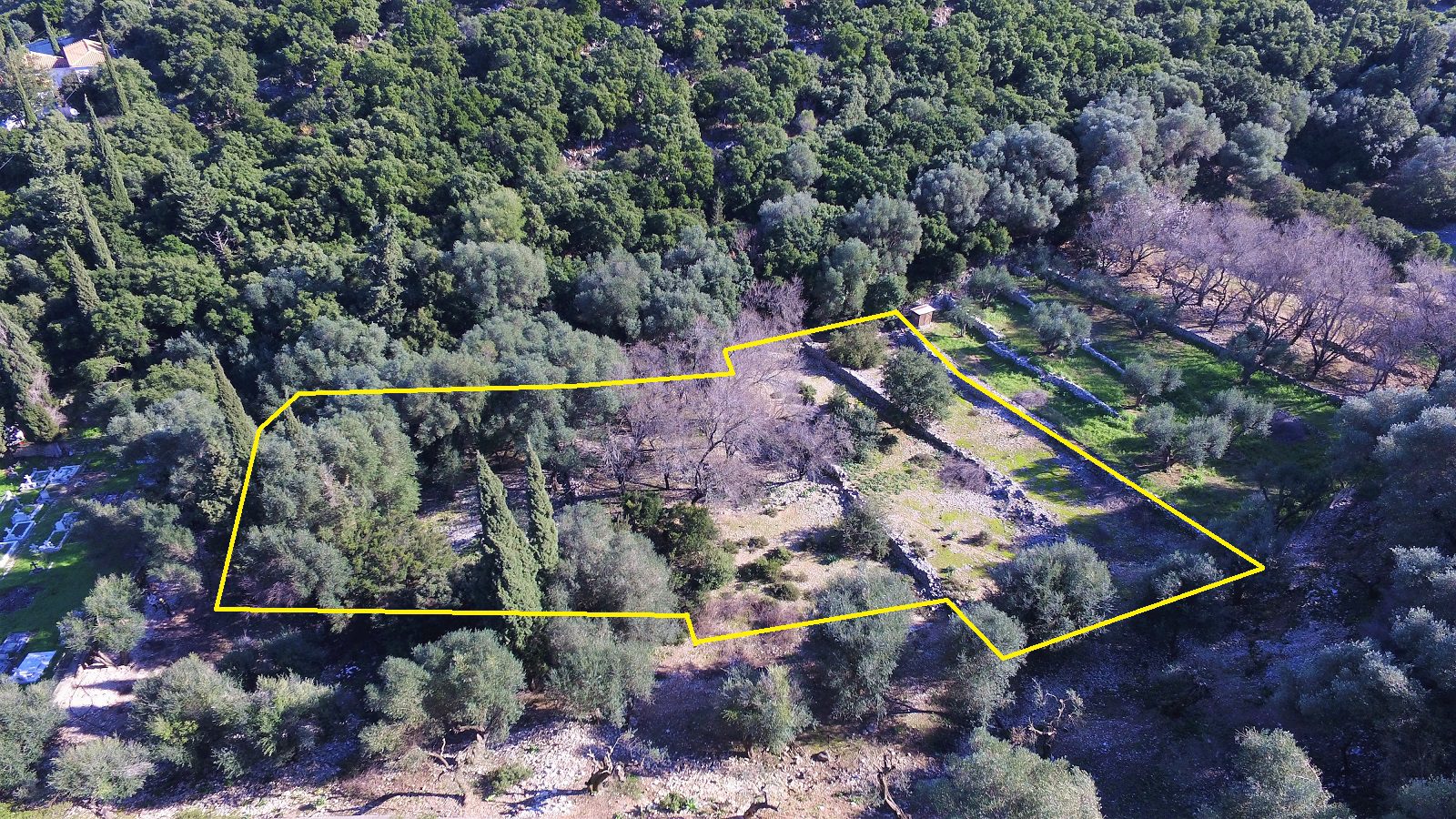 Aerial view and border of land for sale in Ithaca Greece, Kioni
