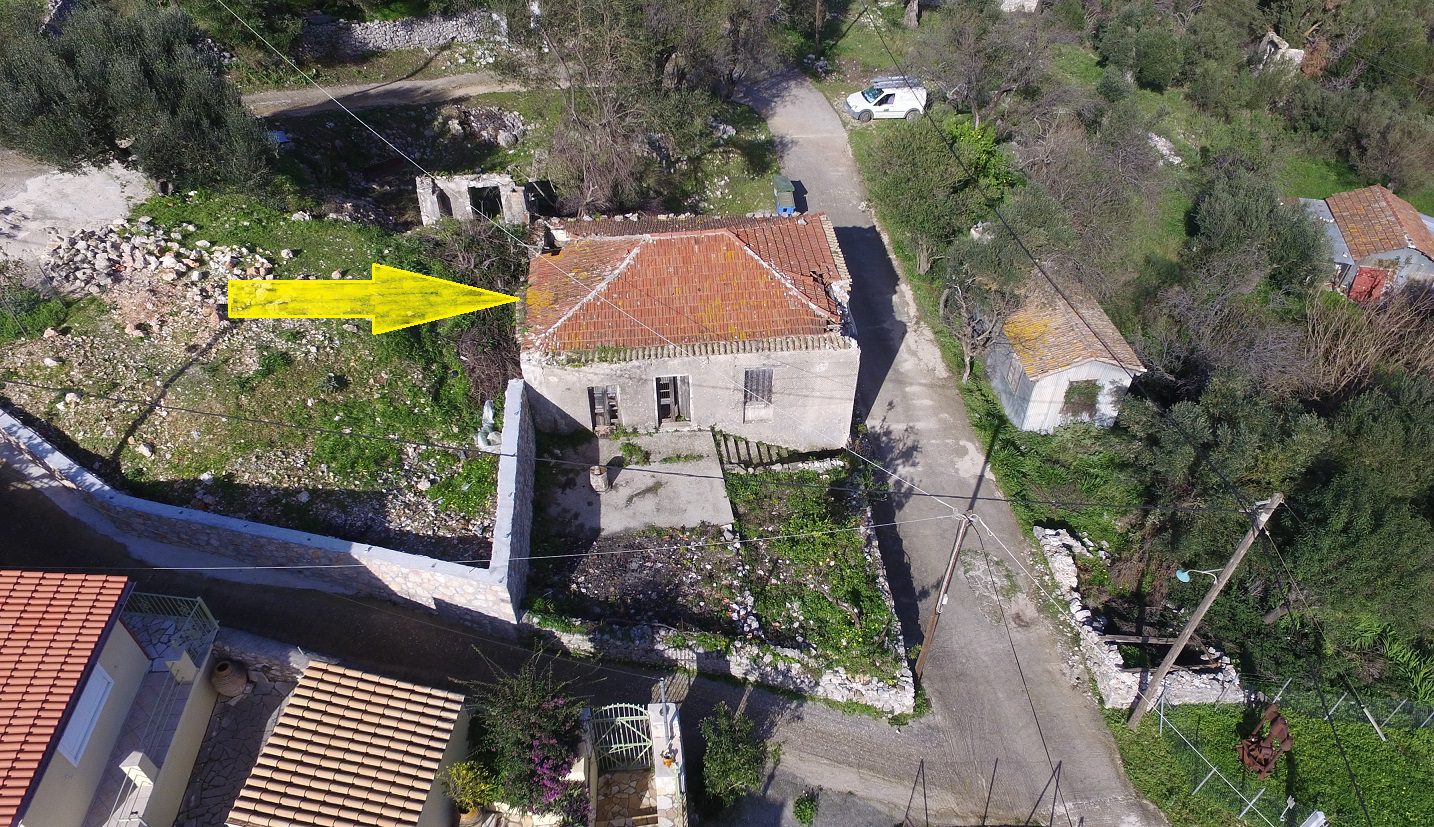 Aerial view and arrow of land for sale Ithaca Greece, Kolleri