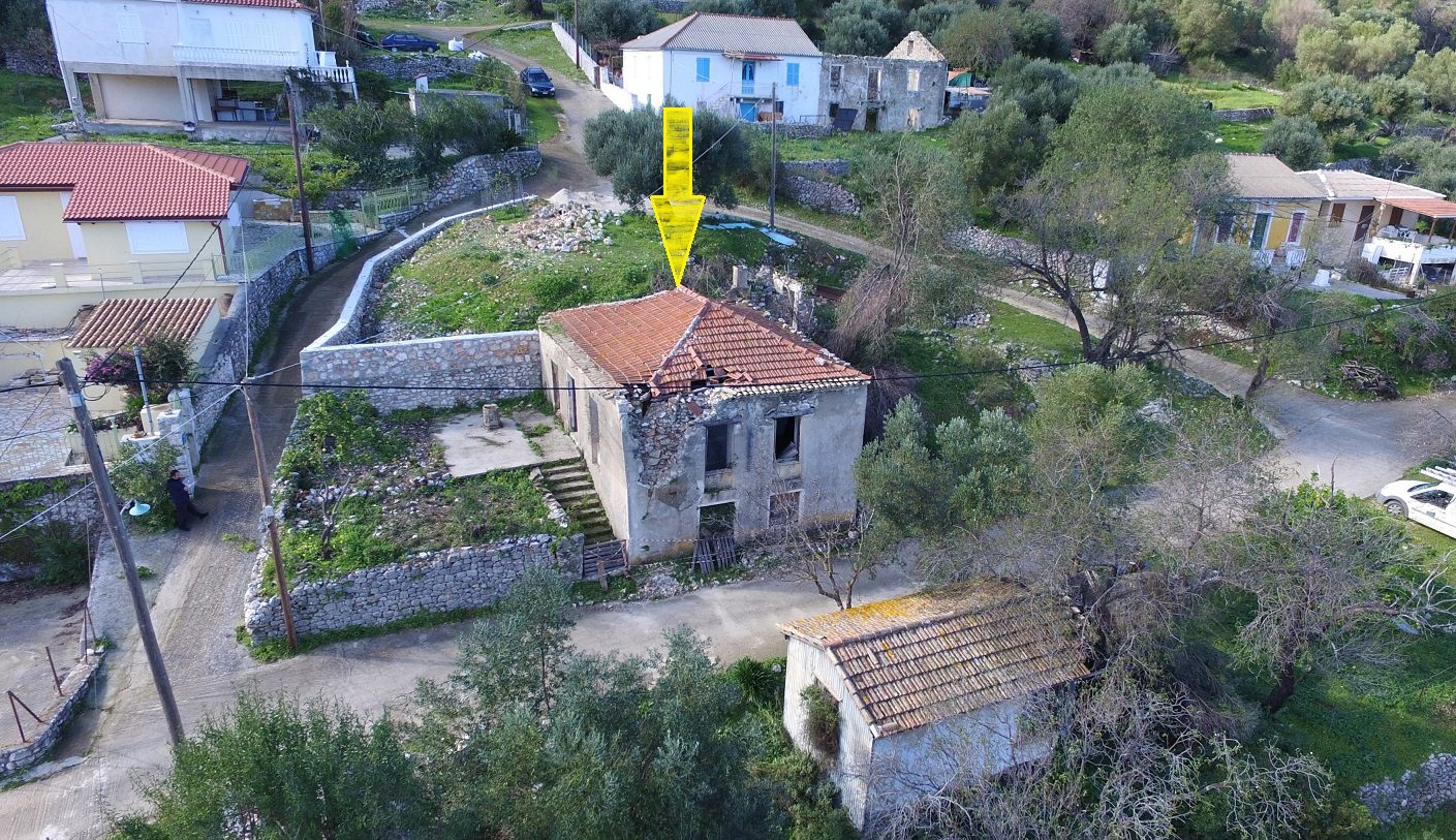 Aerial view and arrow of land for sale Ithaca Greece, Kolleri