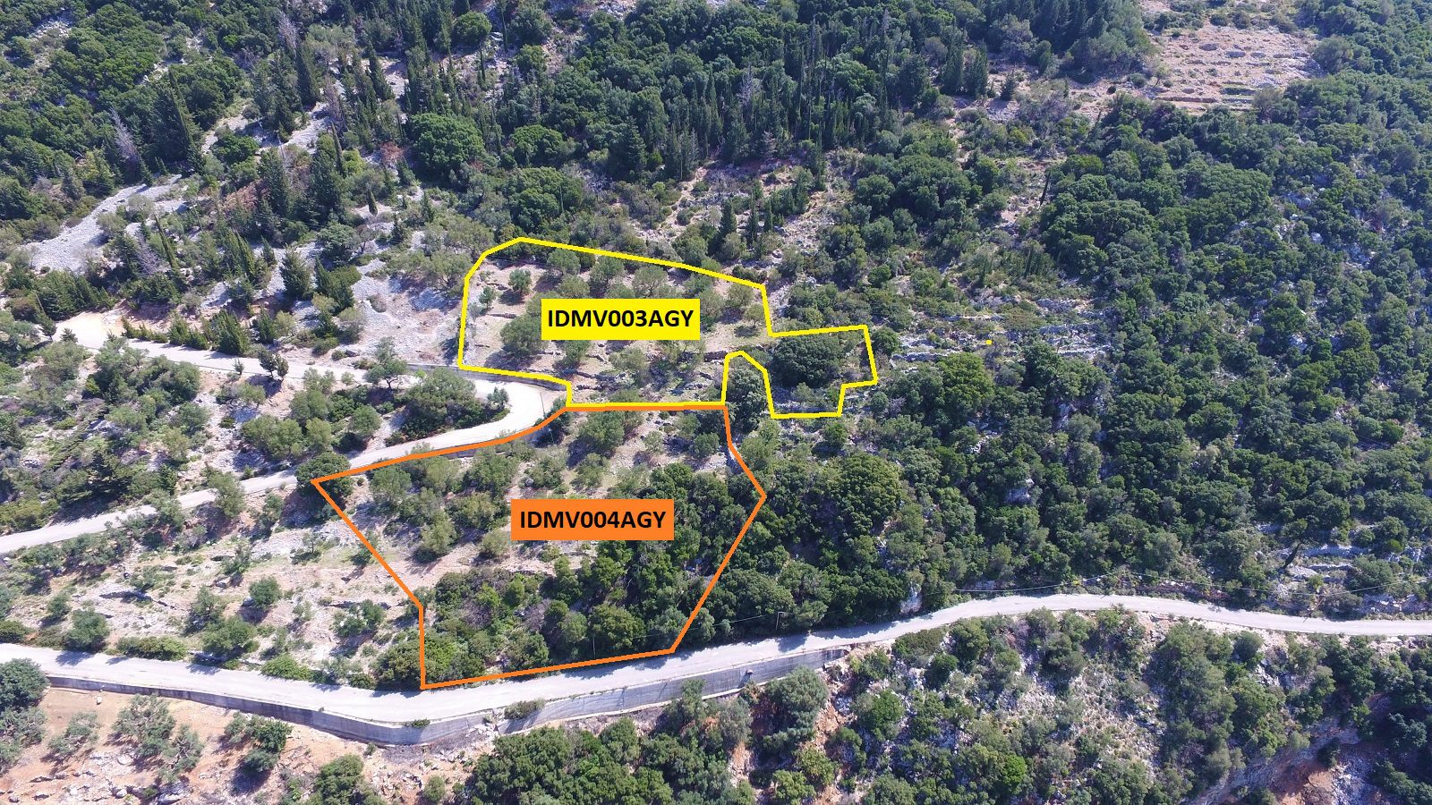 Aerial view and border of land for sale Ithaca Greece, Ag Ioannis