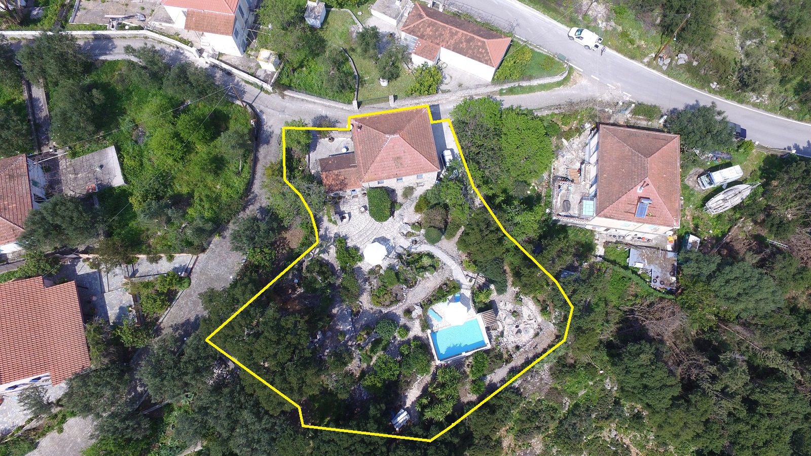 Aerial view and border of house for sale Ithaca Greece, Lahos