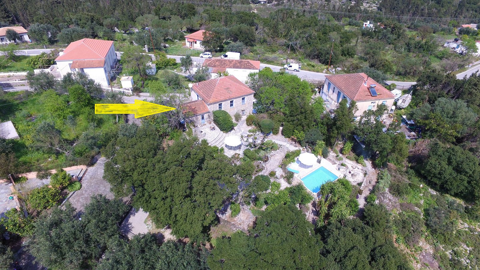 Aerial view of house for sale Ithaca Greece, Lahos
