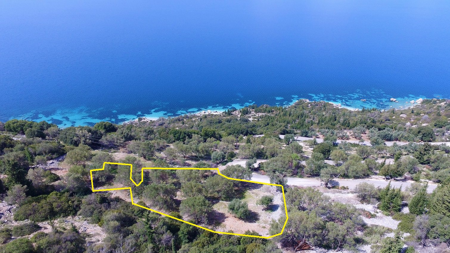 Aerial view and border of land for sale Ithaca Greece, Ag Ioannis