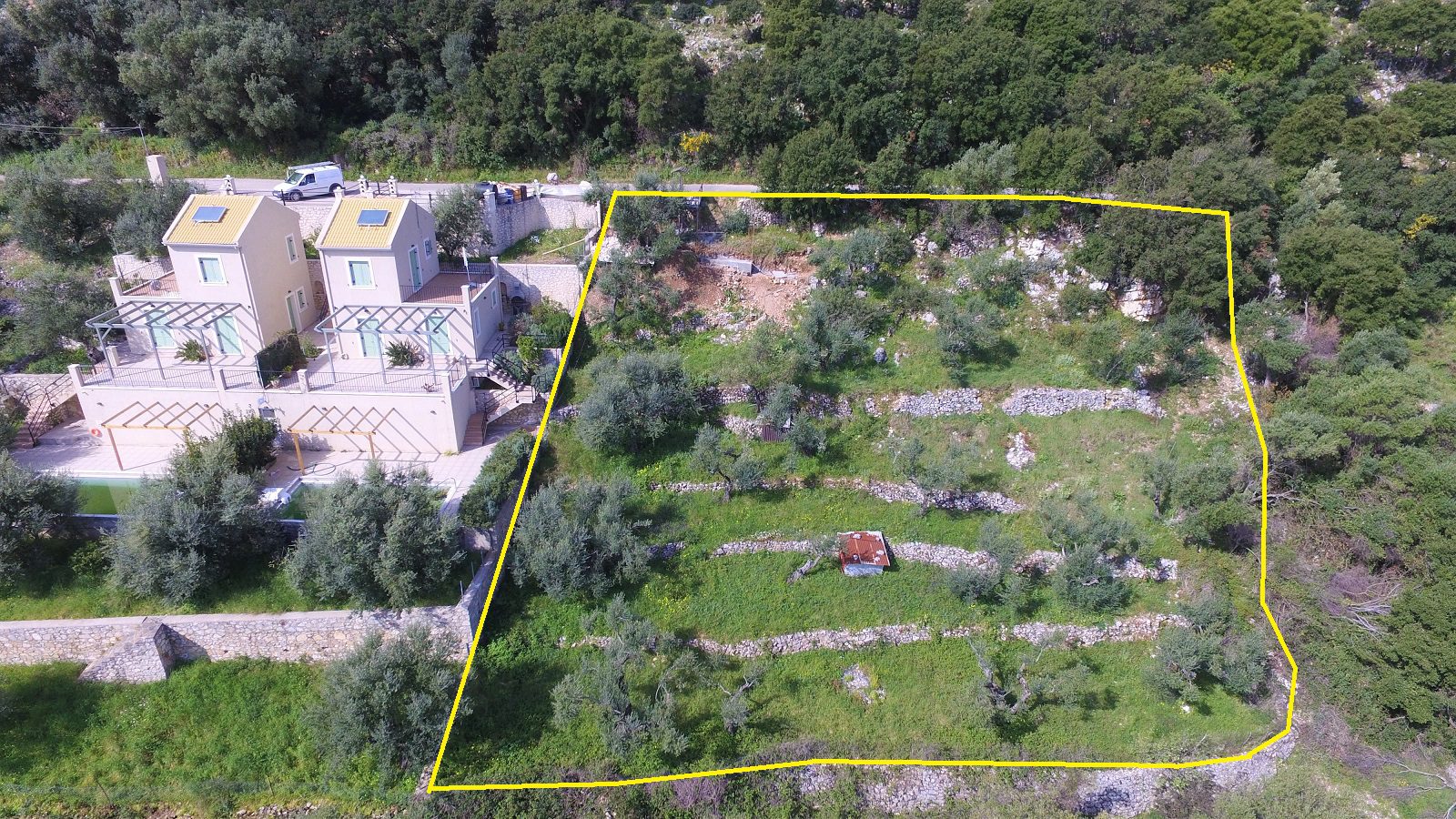 Aerial view of land with license for sale in Ithaca Greece, Perachori