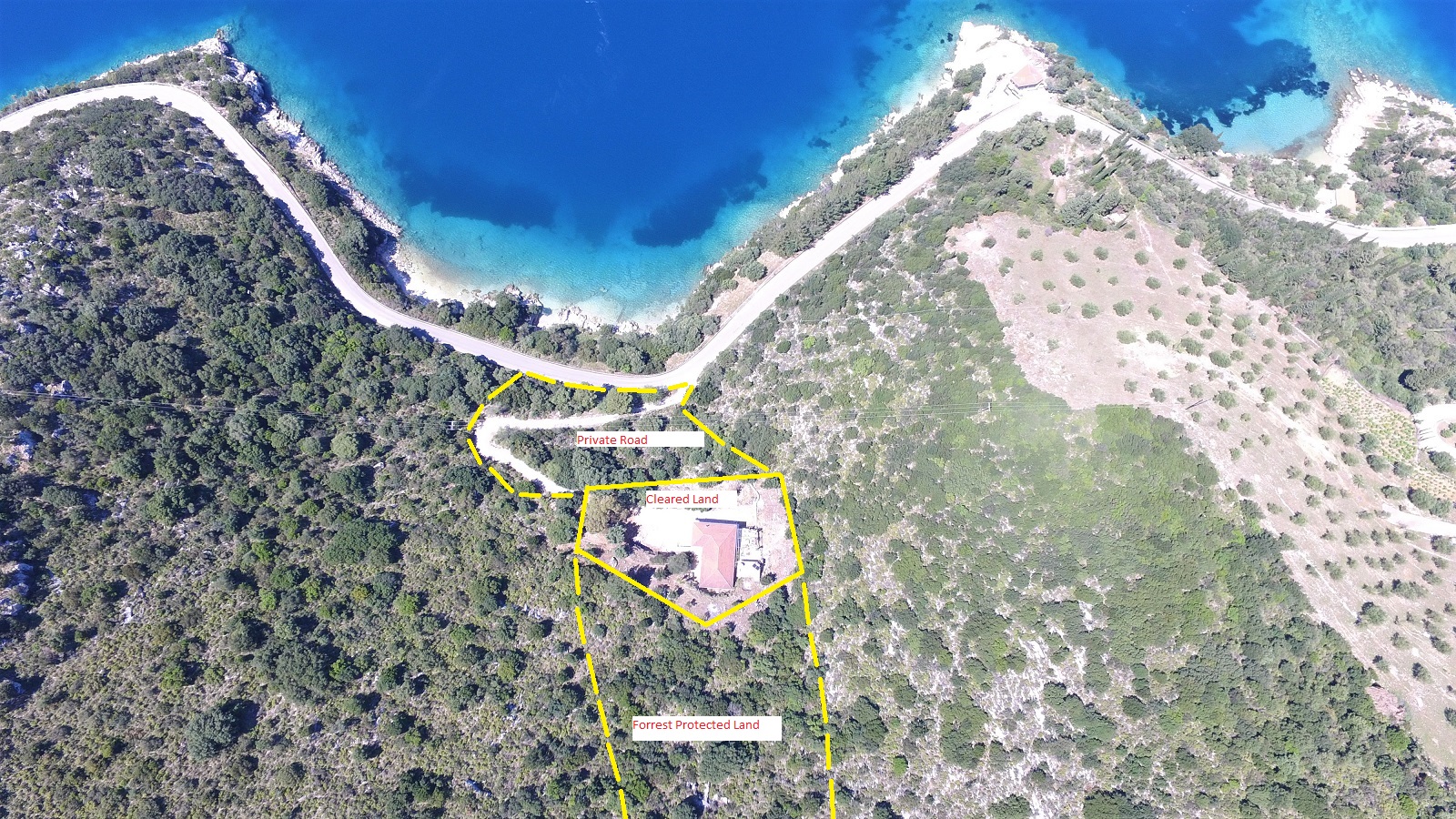 Aerial view with outlined border of house for sale in Ithaca Greece, Vathi