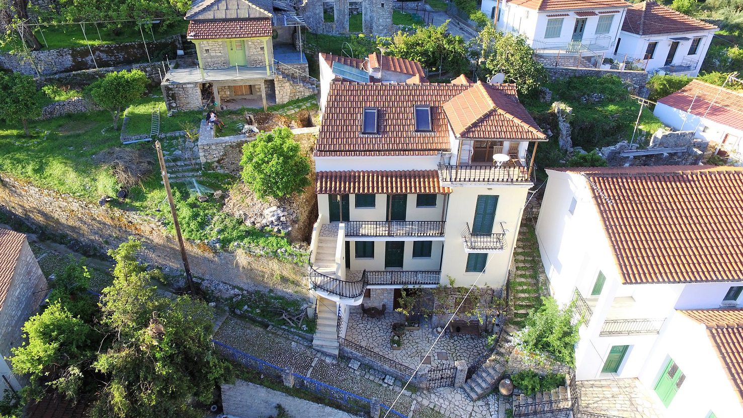 Aerial view of holiday apartments for rent on Ithaca Greece, Kioni