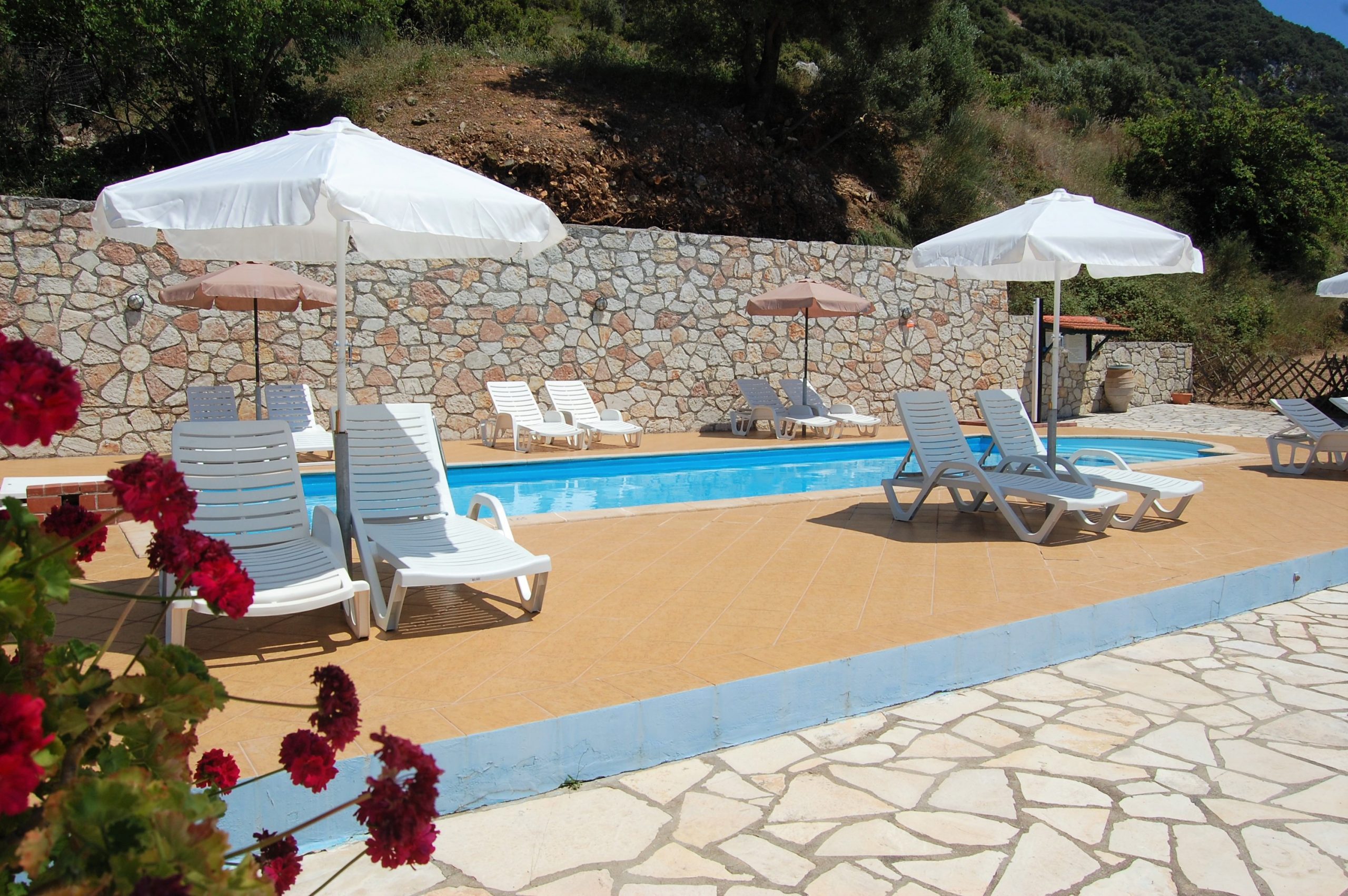 Outdoor area with a pool of property for sale on Ithaca Greece, Stavros