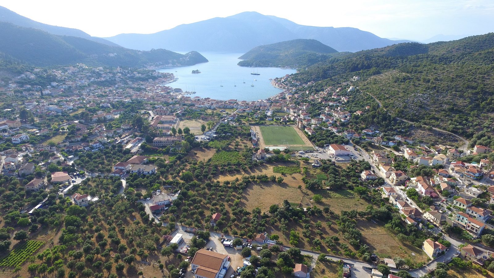 Aerial view and border of land for sale Ithaca Greece, Vathi