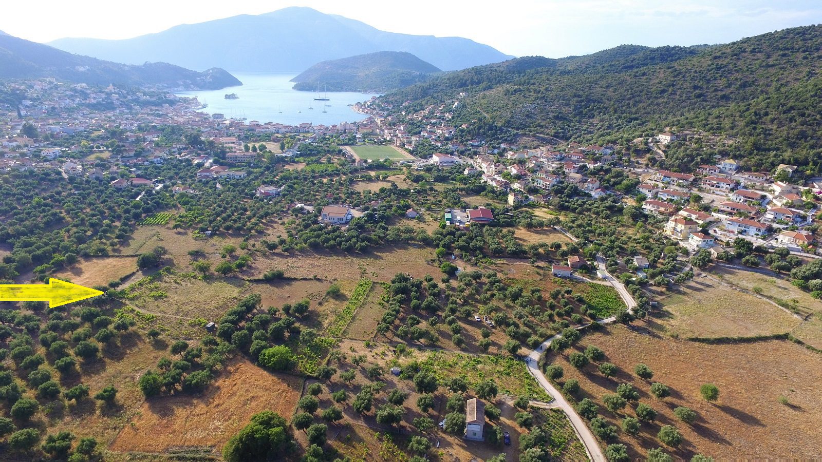Aerial view and border of land for sale Ithaca Greece, Vathi