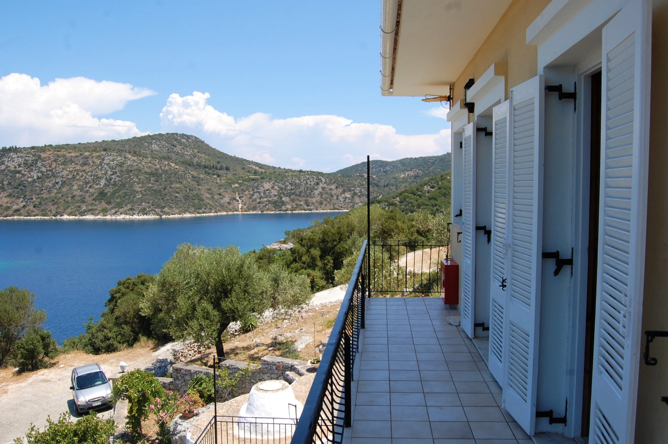 Balcony of holiday apartments for rent on Ithaca Greece, Vathi