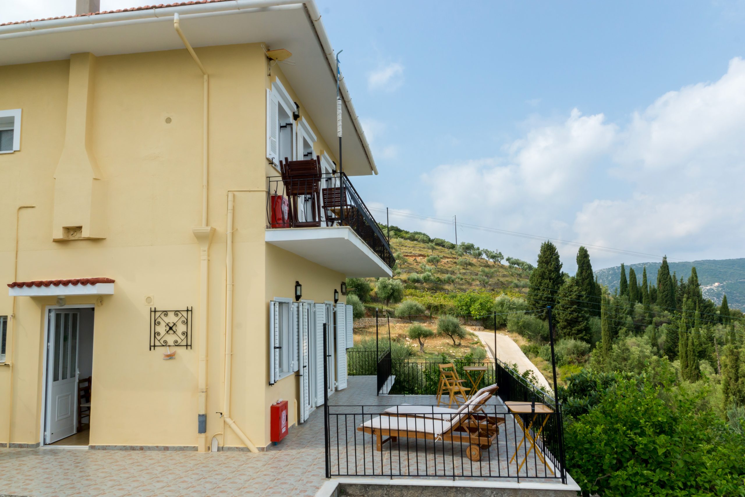 Exterior of holiday apartments for rent on Ithaca Greece, Vathi