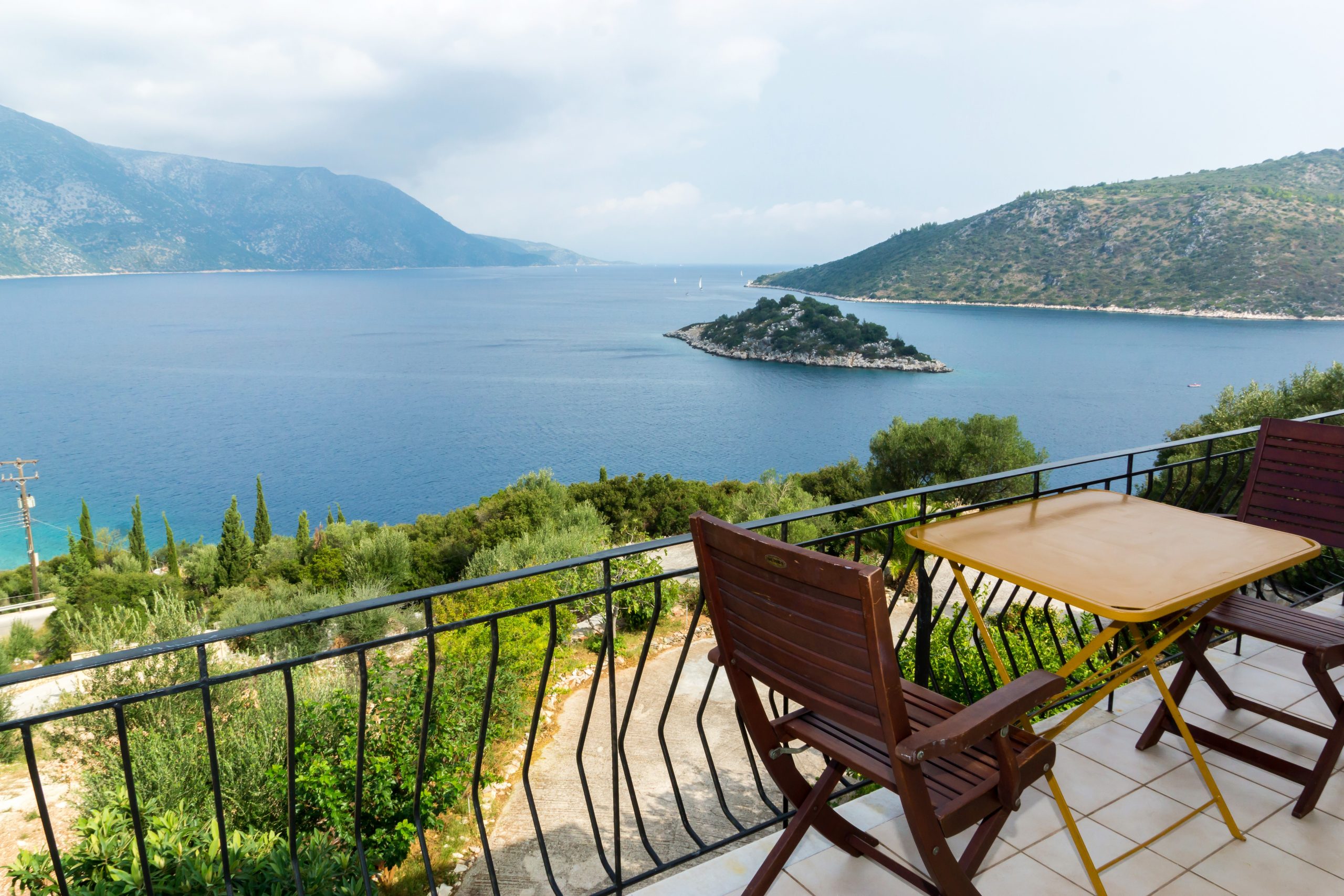 Balcony of holiday apartments for rent on Ithaca Greece, Vathi