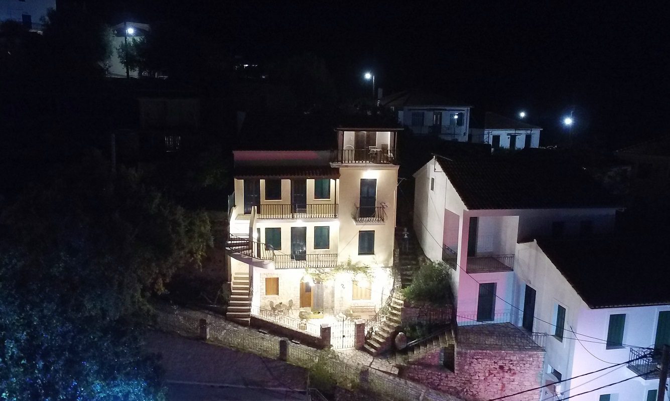 Night views of apartment complex and house for sale in Ithaca Greece, Kioni