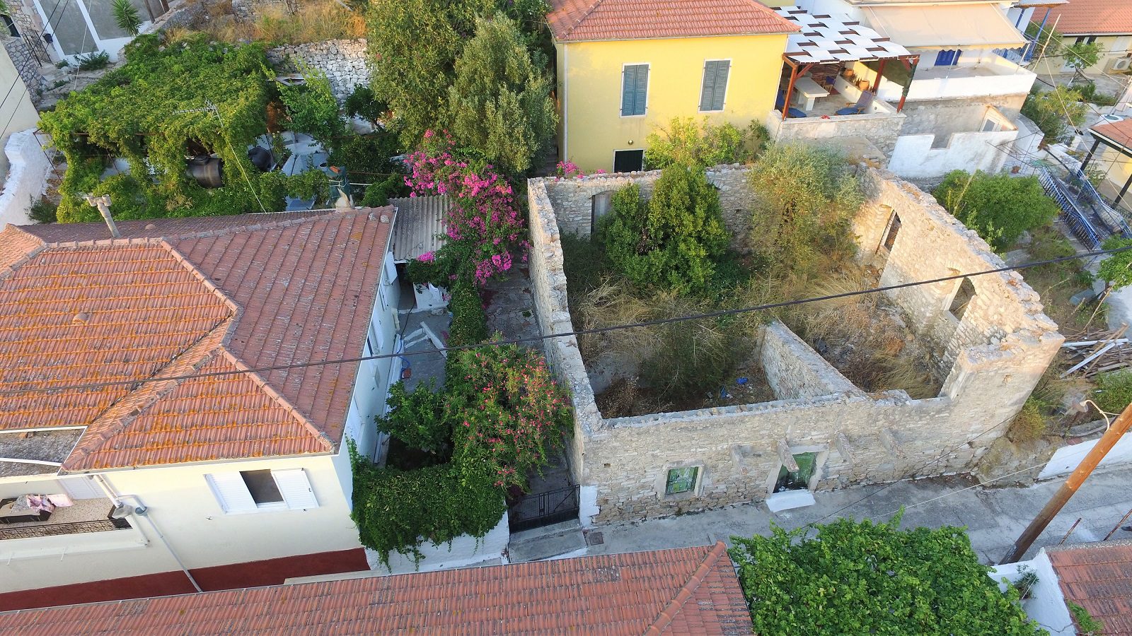Aerial landscape view of ruin for sale in Ithaca Greece Vathi
