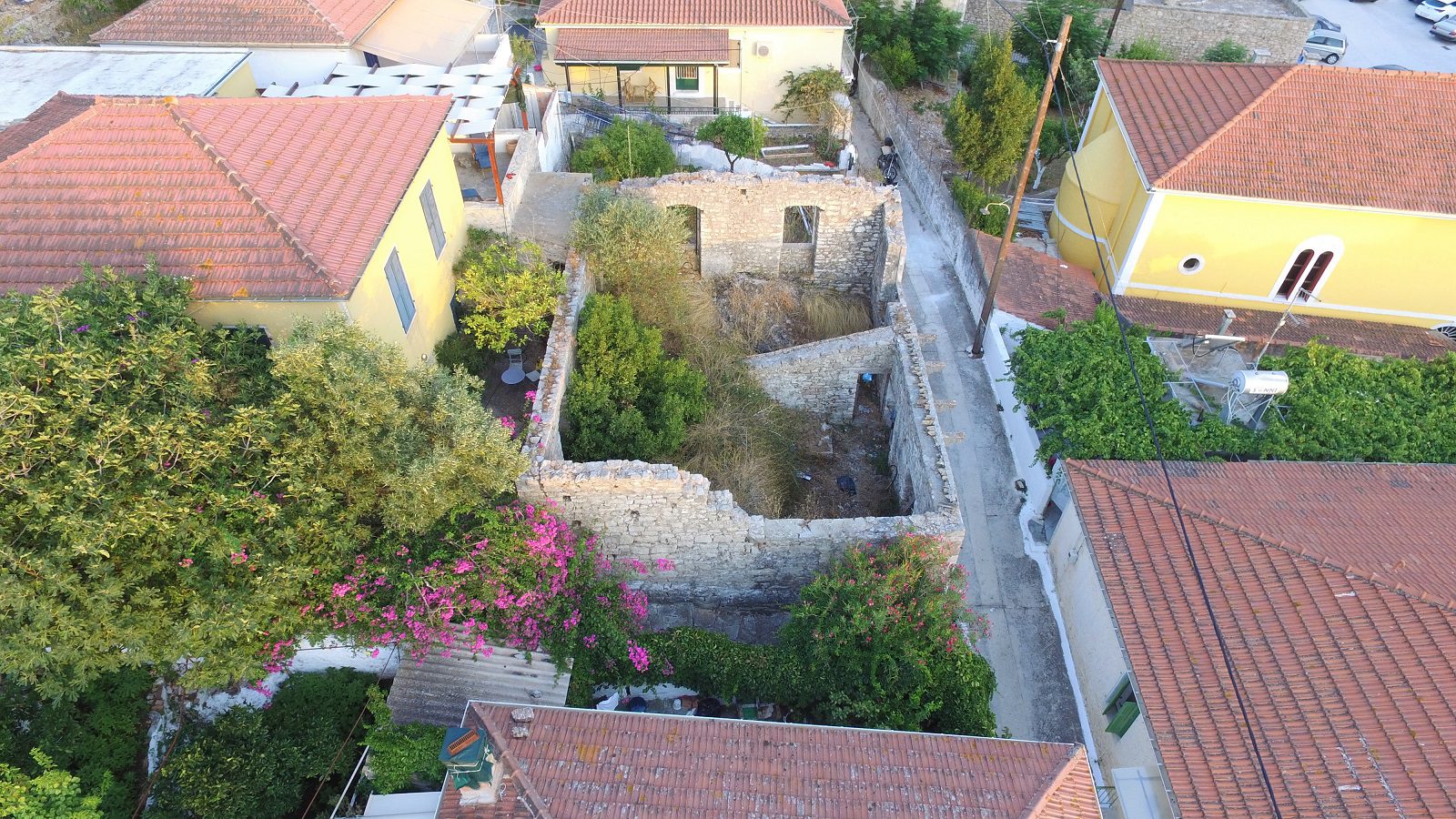 Aerial landscape view of ruin for sale in Ithaca Greece Vathi