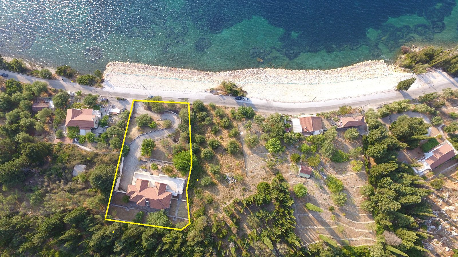 Aerial views of house for sale Ithaca Greece, Aetos