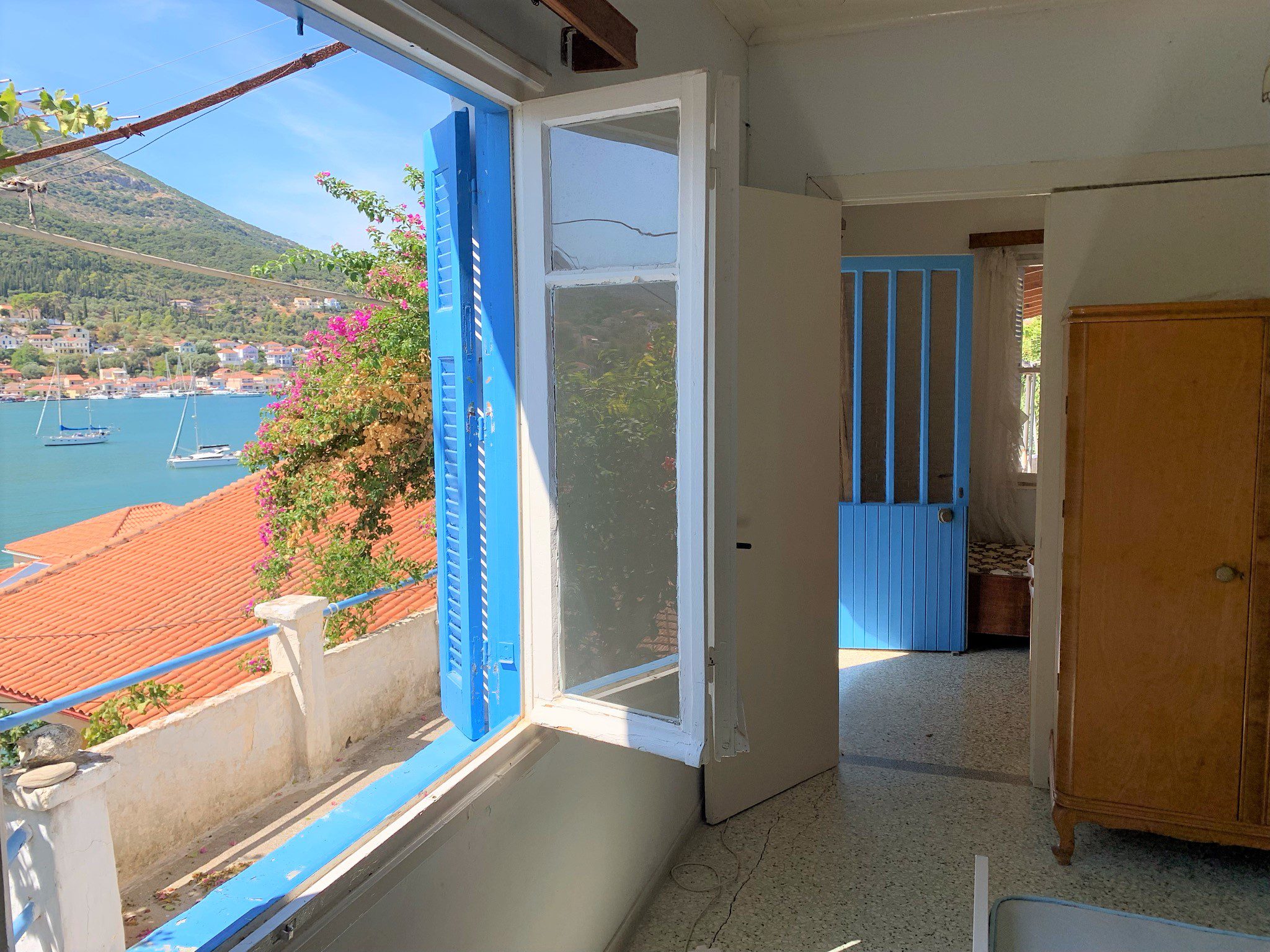Bedroom and view from house for sale Ithaca Greece, Vathi