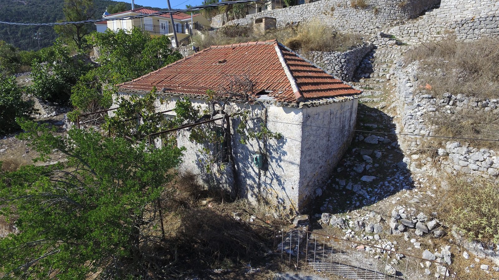 Front view of house with grapevine for sale Ithaca Greece, Exoghi