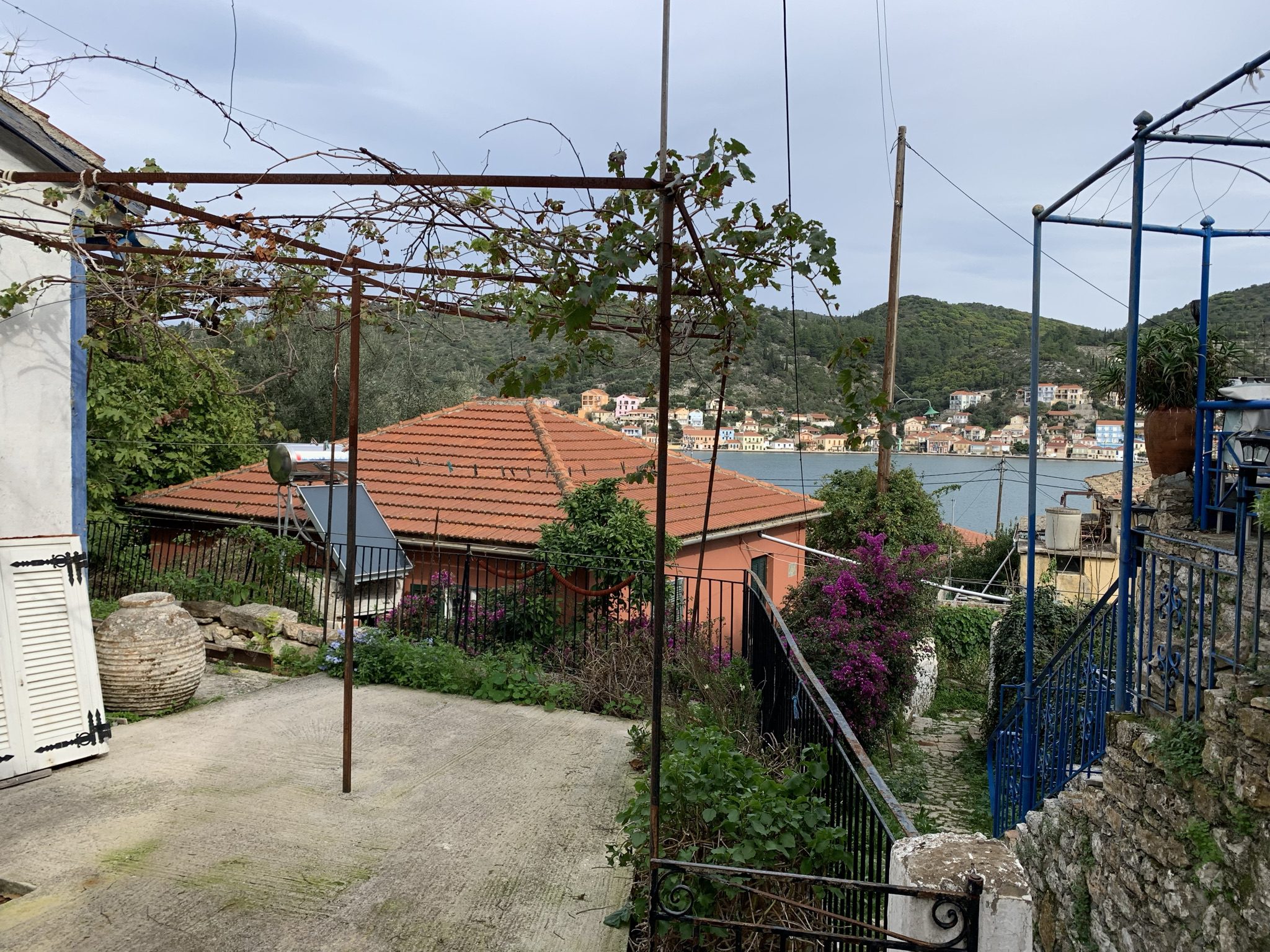 Terrace and views of house for sale on Ithaca Greece, Vathi