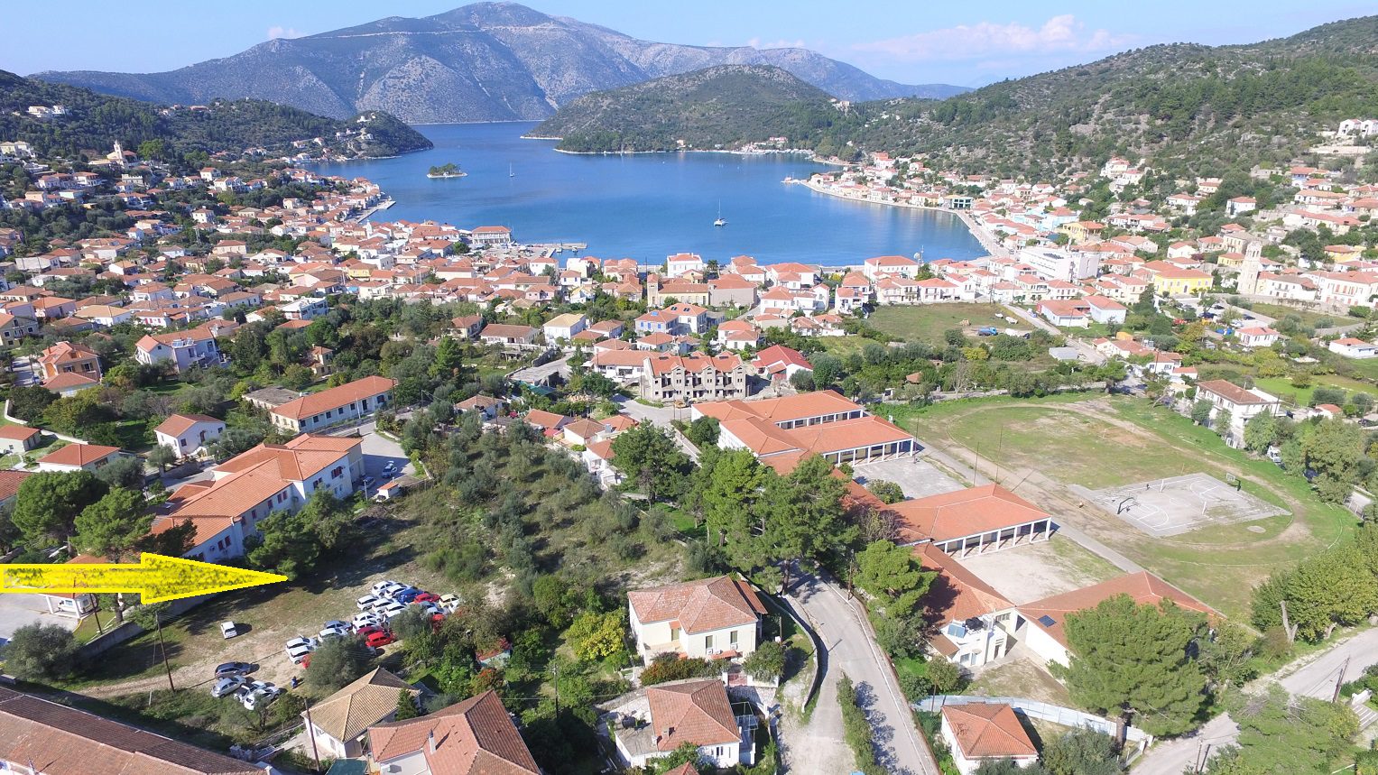Ariel view of Vathi from land for sale Ithaca Greece, Vathi