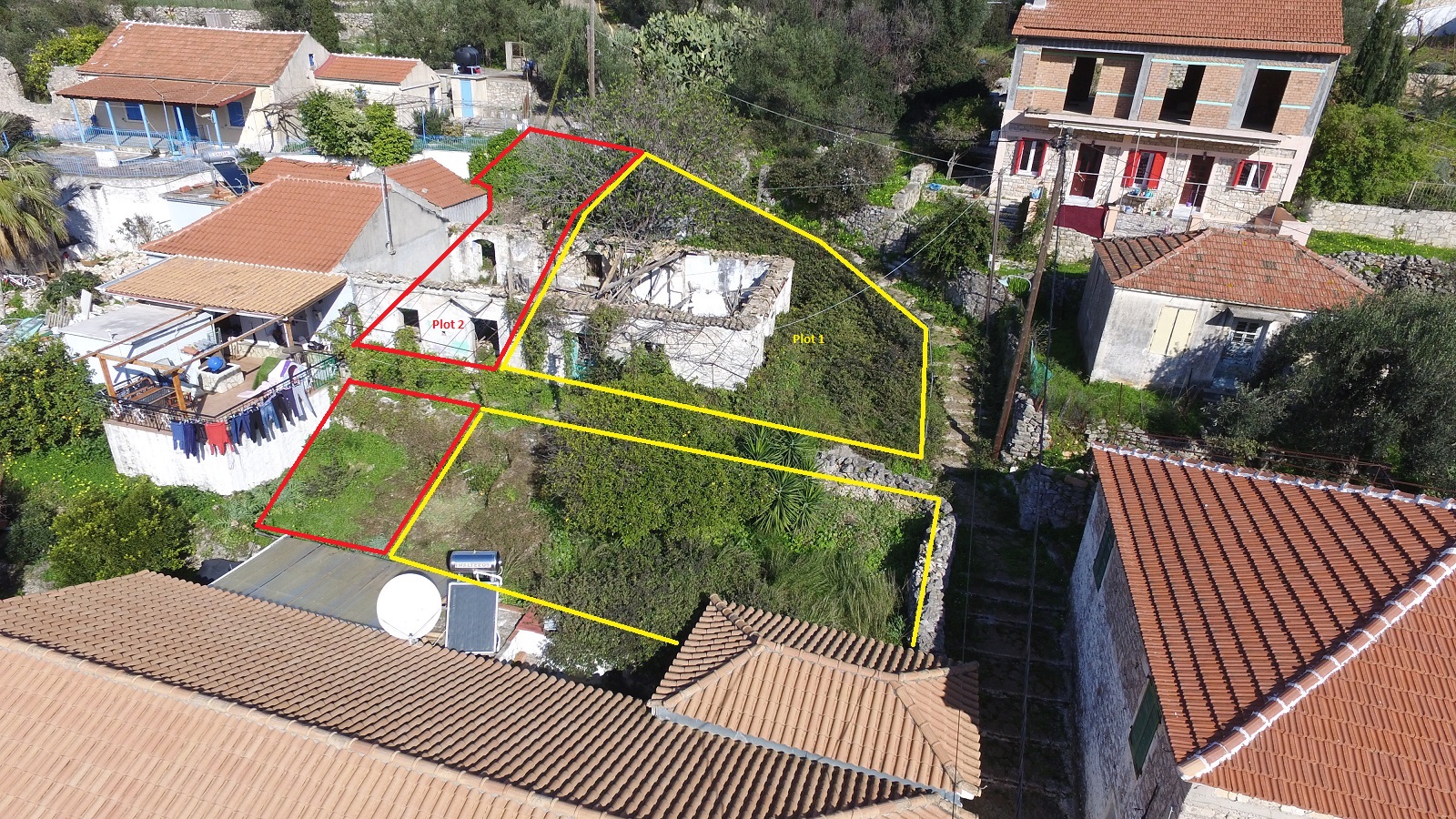 Aerial view of ruin for sale on Ithaca, Greece, Vathi
