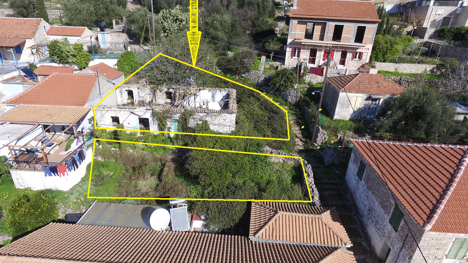 Aerial views of ruin and plot for sale on Ithaca Greece, Vathi