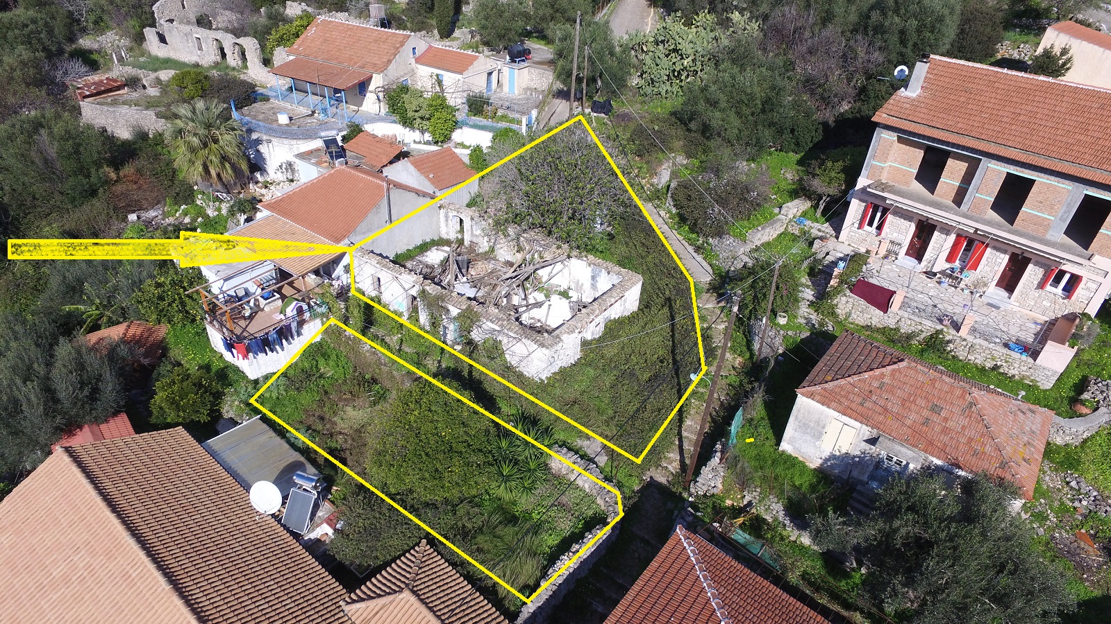 Aerial views of ruin and plot for sale on Ithaca Greece, Vathi